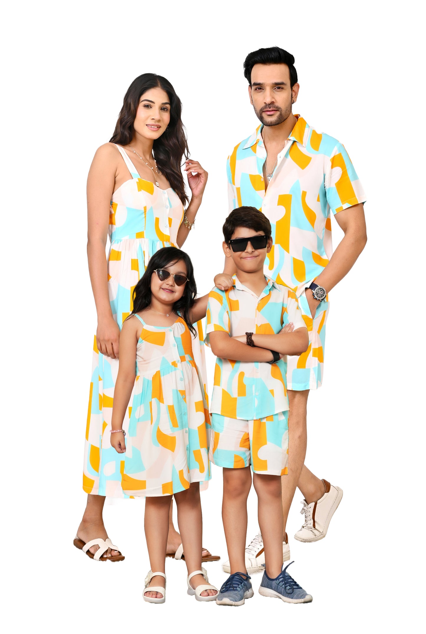 Family Matching Abstract Outfits – Turquoise & Orange Vacation Co-Ords