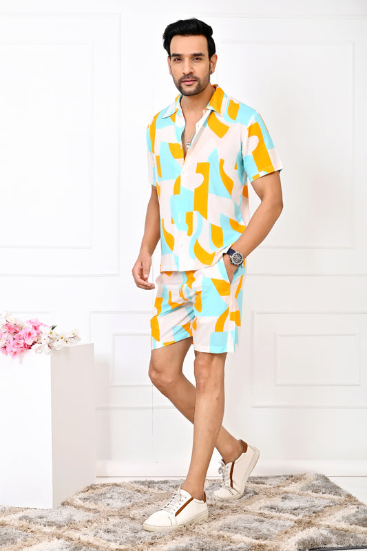 Men’s Turquoise & Orange Abstract Co-Ord Set – Shirt & Shorts Vacation Outfit