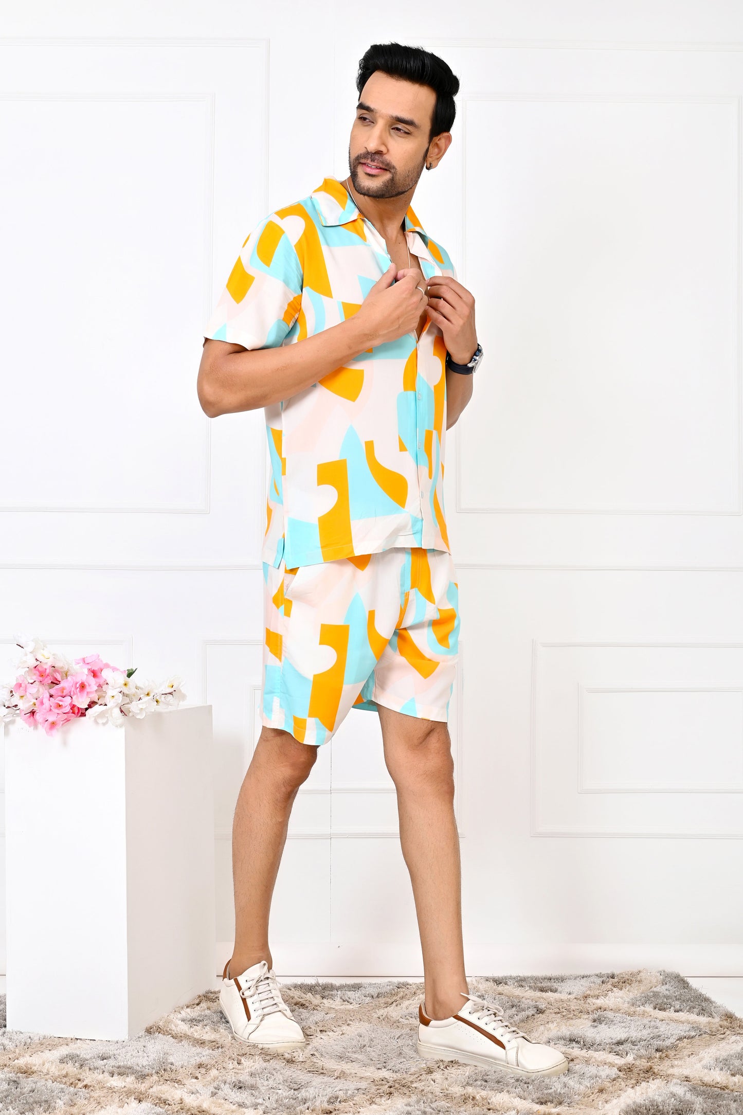 Men’s Turquoise & Orange Abstract Co-Ord Set – Shirt & Shorts Vacation Outfit