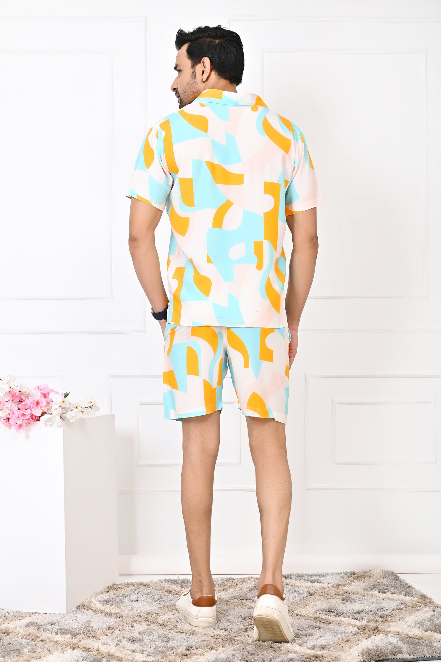 Men’s Turquoise & Orange Abstract Co-Ord Set – Shirt & Shorts Vacation Outfit