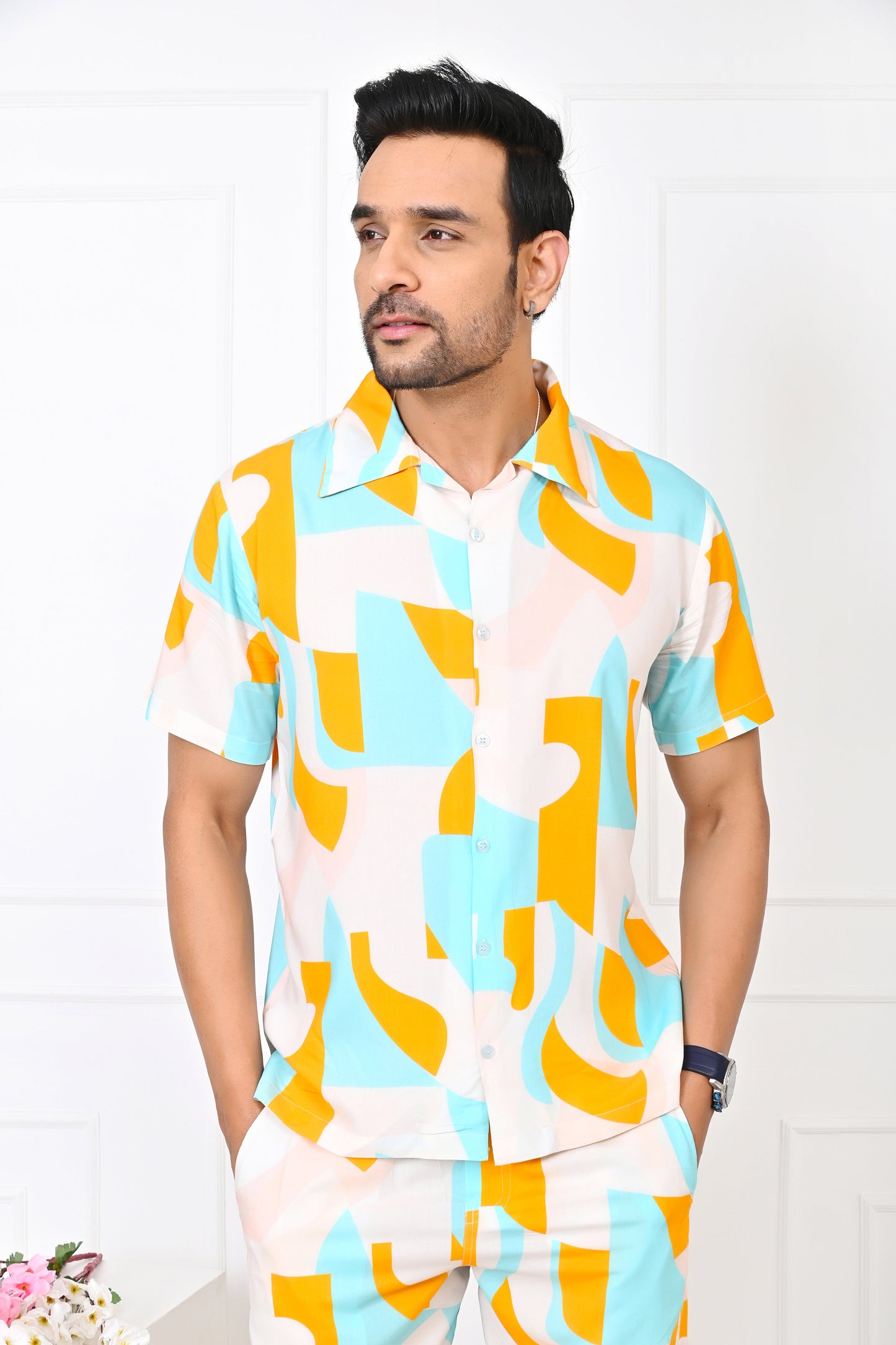 Men’s Turquoise & Orange Abstract Co-Ord Set – Shirt & Shorts Vacation Outfit