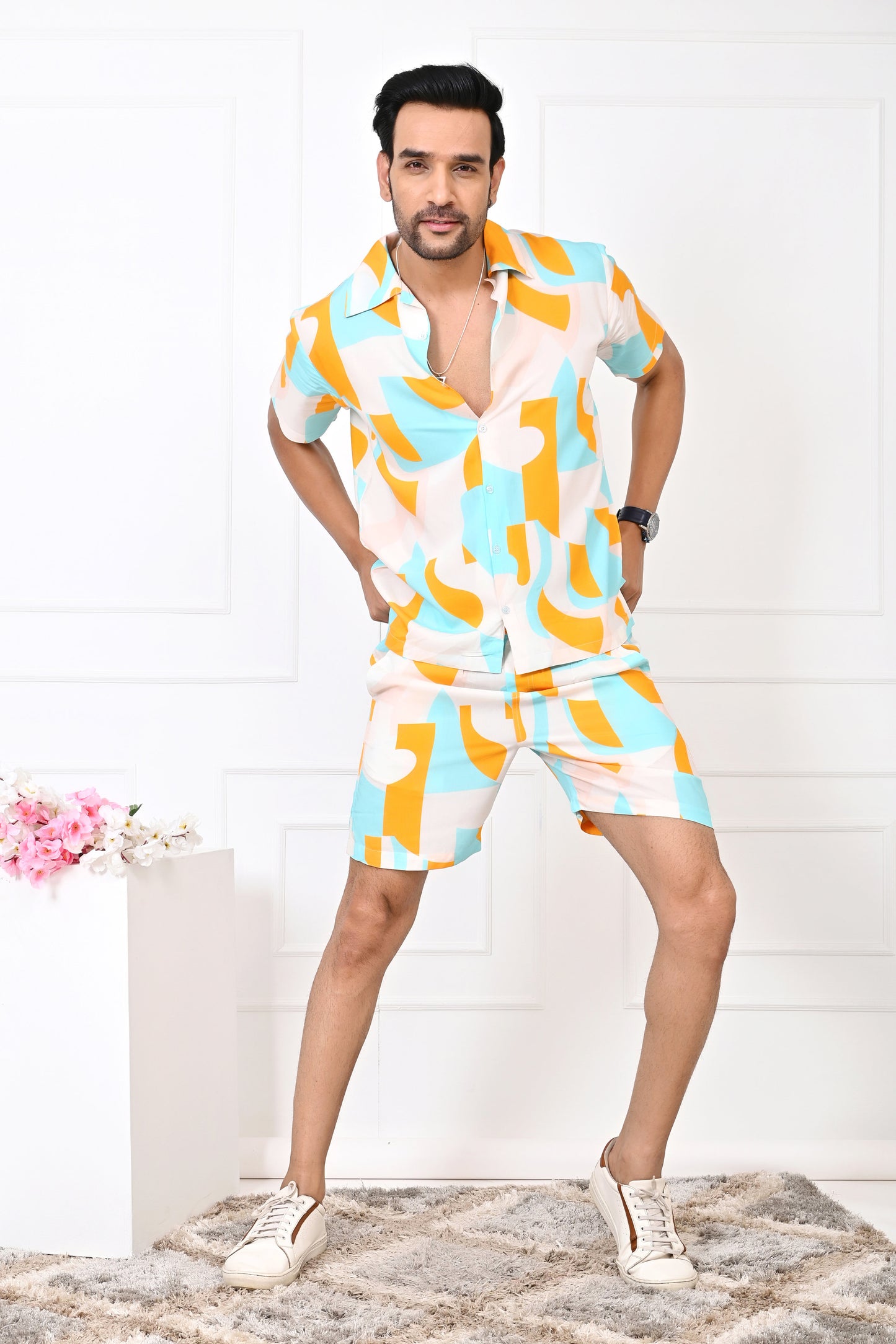 Men’s Turquoise & Orange Abstract Co-Ord Set – Shirt & Shorts Vacation Outfit