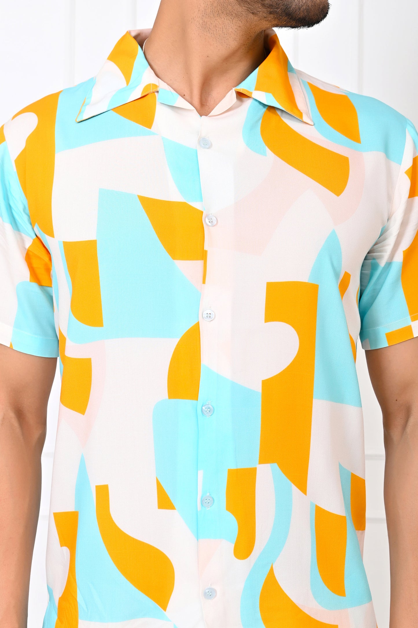 Men’s Turquoise & Orange Abstract Co-Ord Set – Shirt & Shorts Vacation Outfit