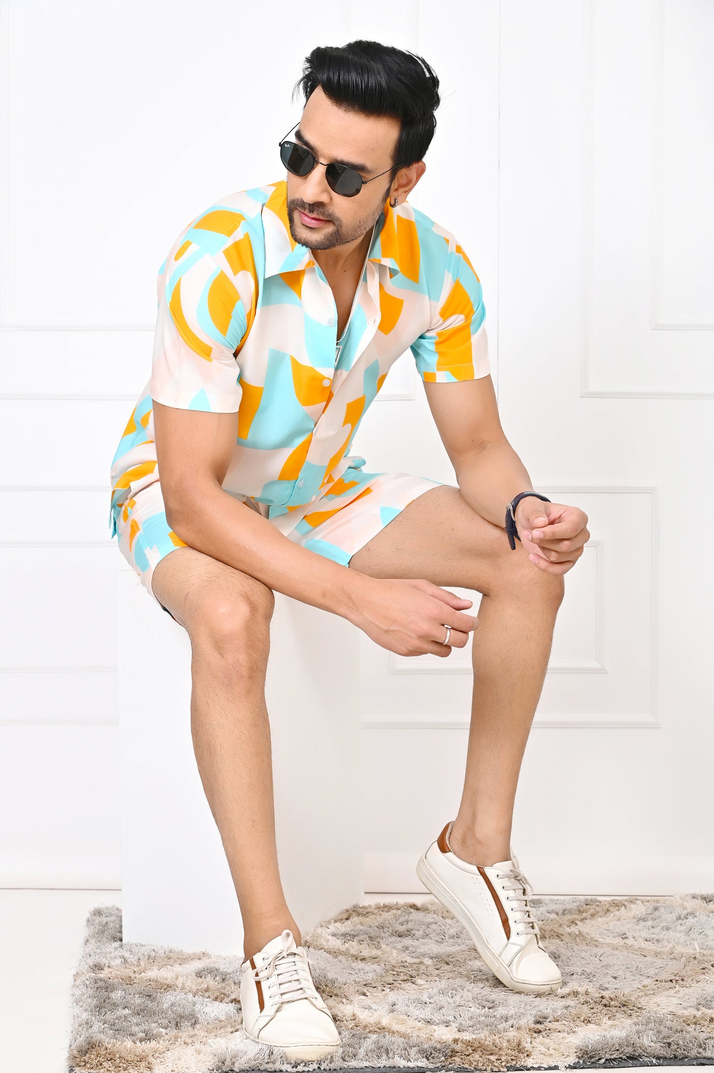 Men’s Turquoise & Orange Abstract Co-Ord Set – Shirt & Shorts Vacation Outfit