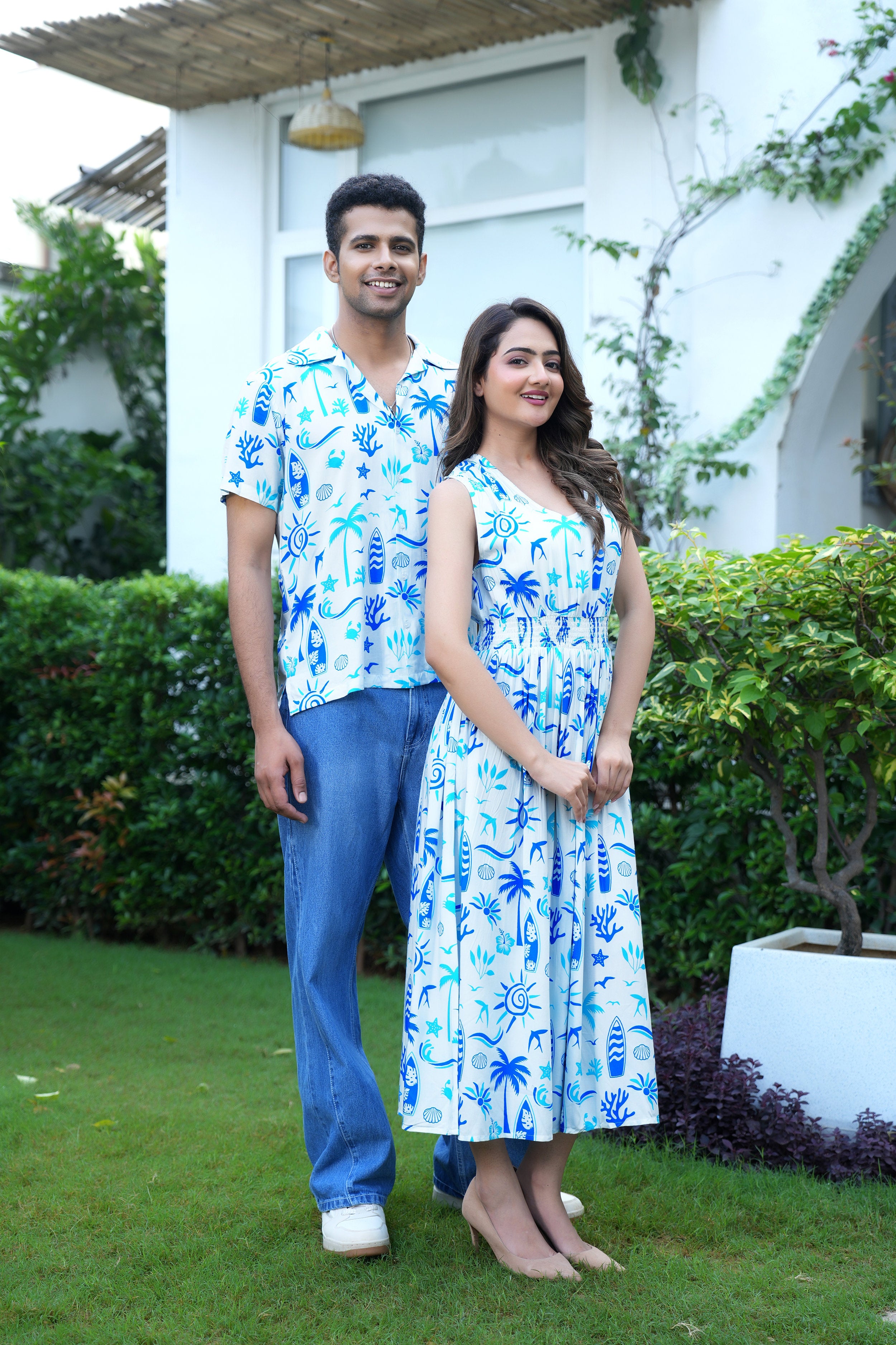 Couple Twinning Beach Outfit – Matching Shirt and Dress for Vacation Party and Beach Photoshoot