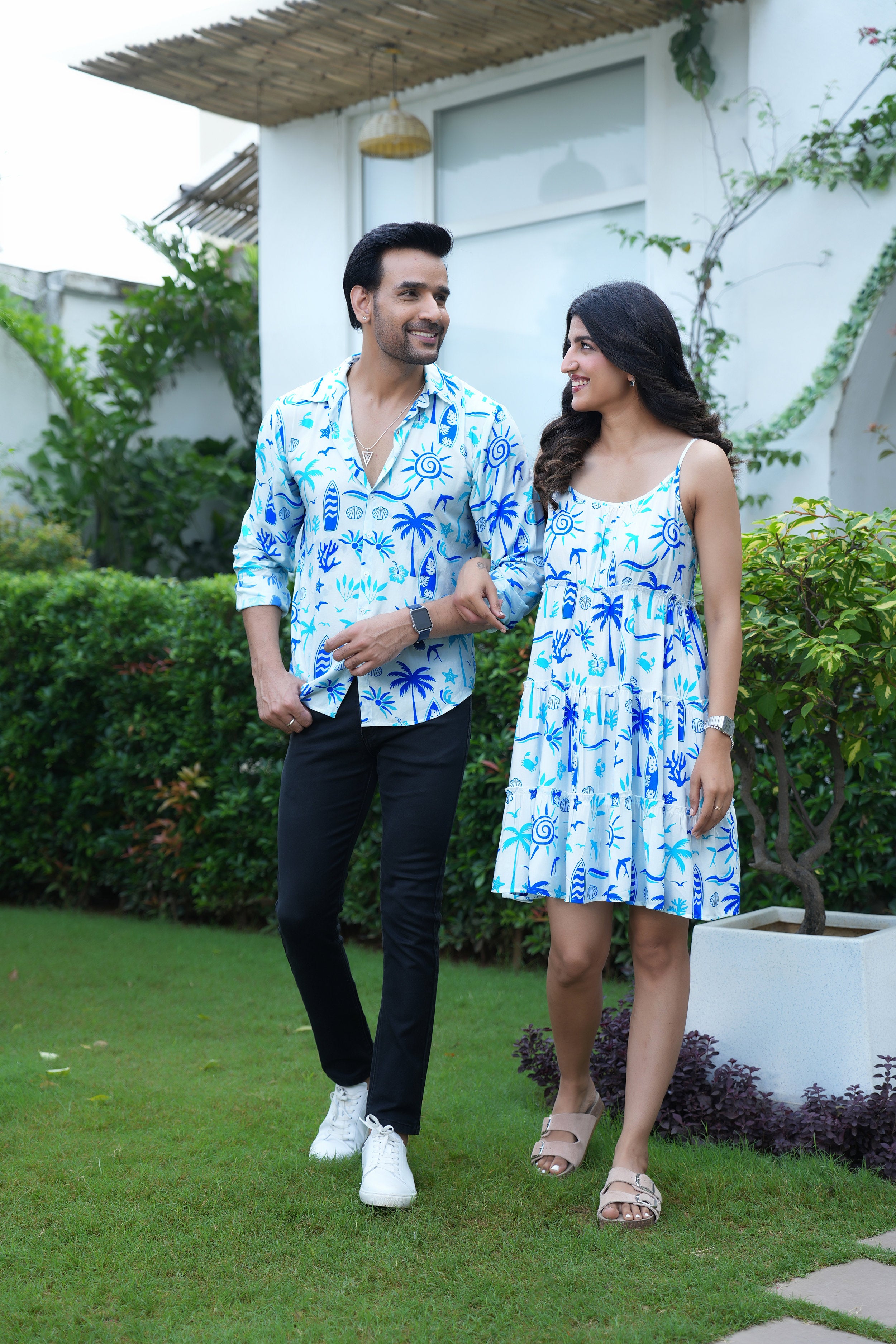 Couple Matching Beach Outfit – Mens Shirt and Womens Midi Dress for Honeymoon Dinner and Pre Wedding Shoot