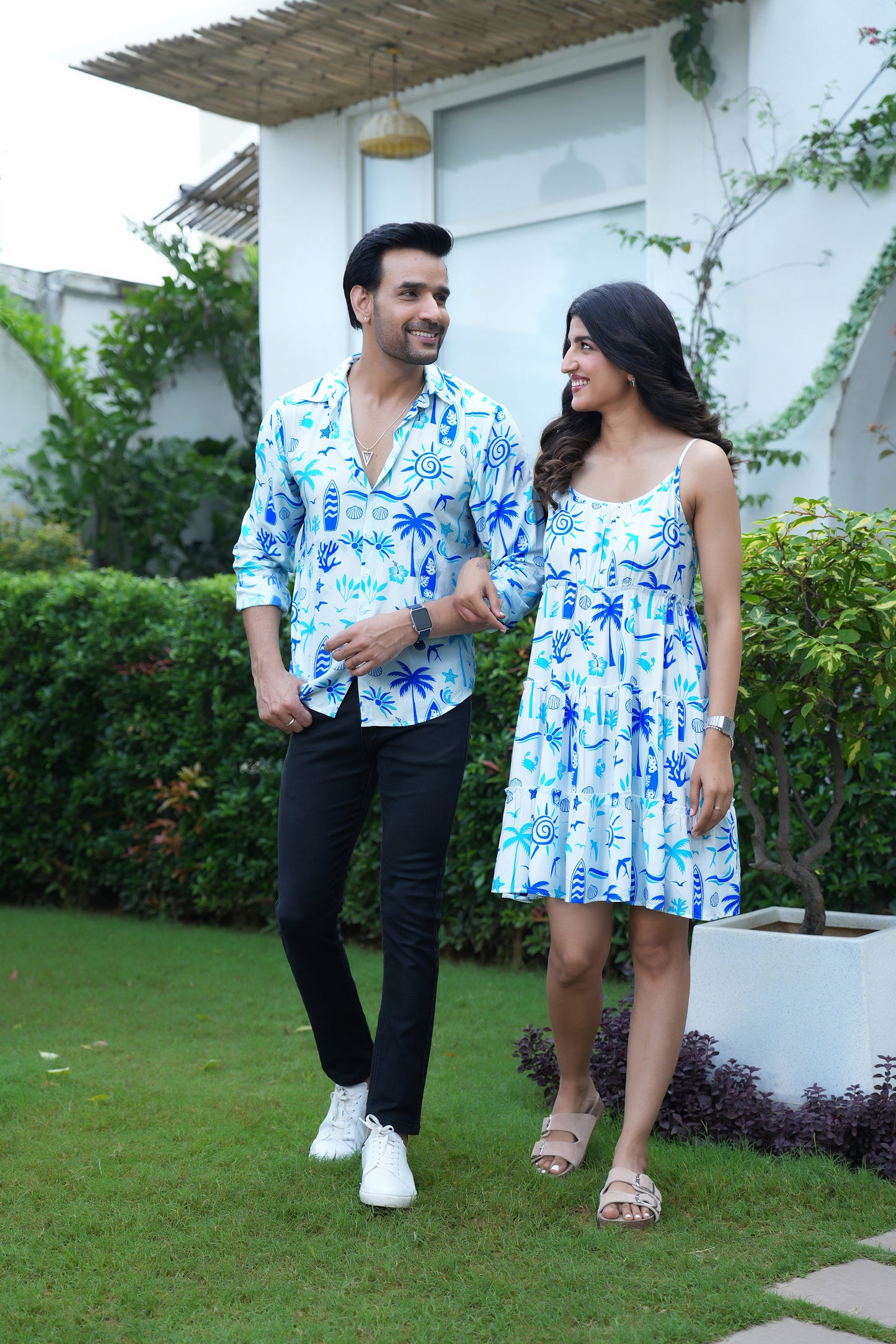 Couple Matching Beach Outfit – Mens Shirt and Womens Midi Dress for Honeymoon Dinner and Pre Wedding Shoot