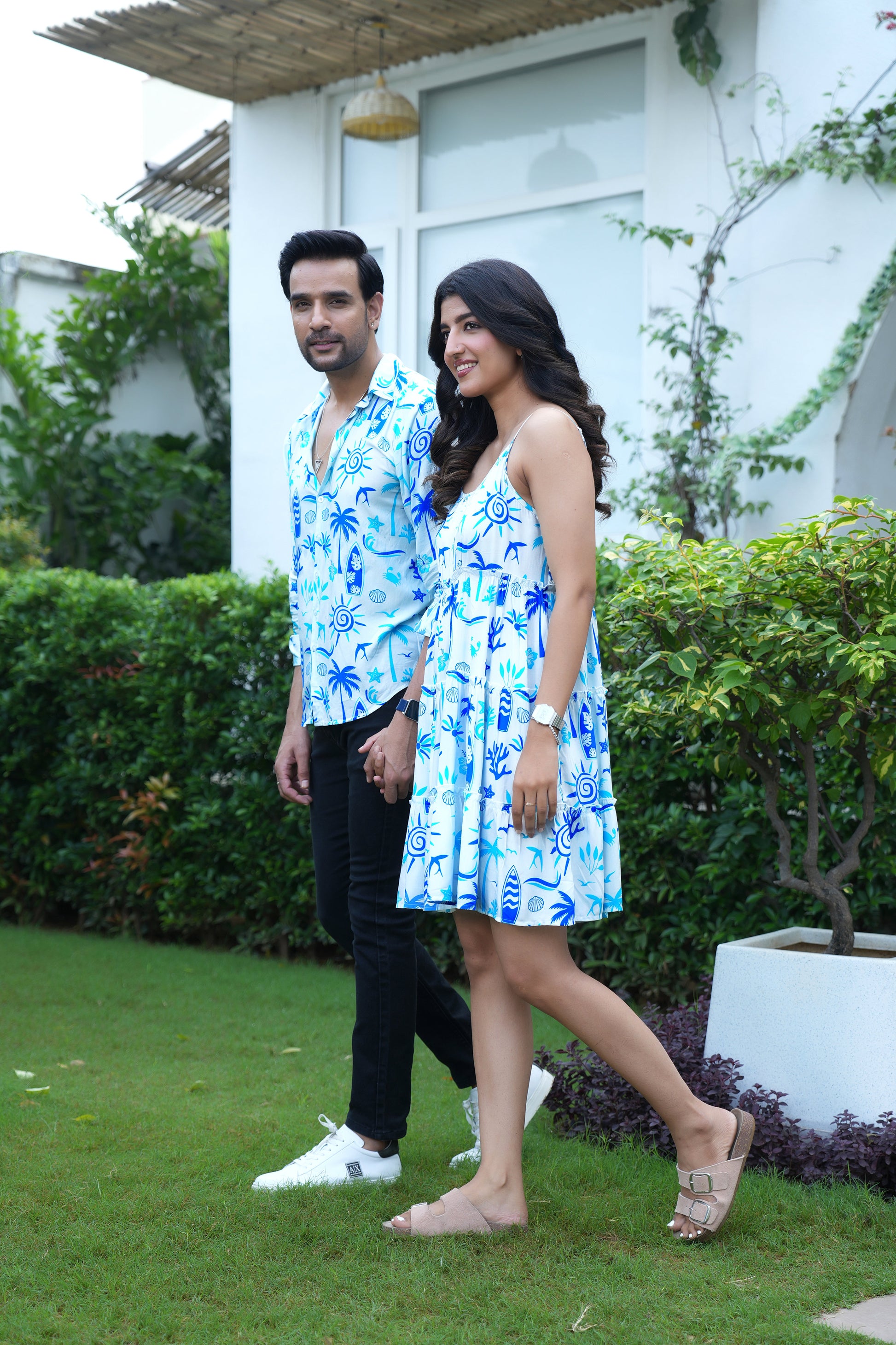 Couple Matching Beach Outfit – Mens Shirt and Womens Midi Dress for Honeymoon Dinner and Pre Wedding Shoot