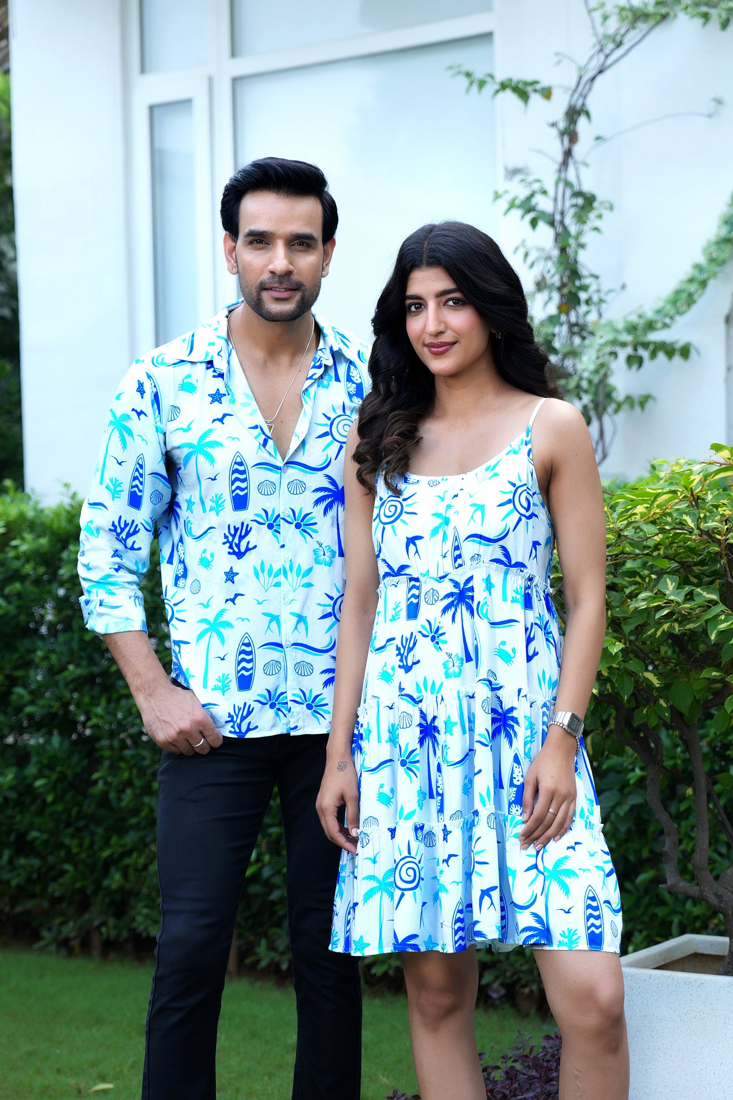 Couple Matching Beach Outfit – Mens Shirt and Womens Midi Dress for Honeymoon Dinner and Pre Wedding Shoot