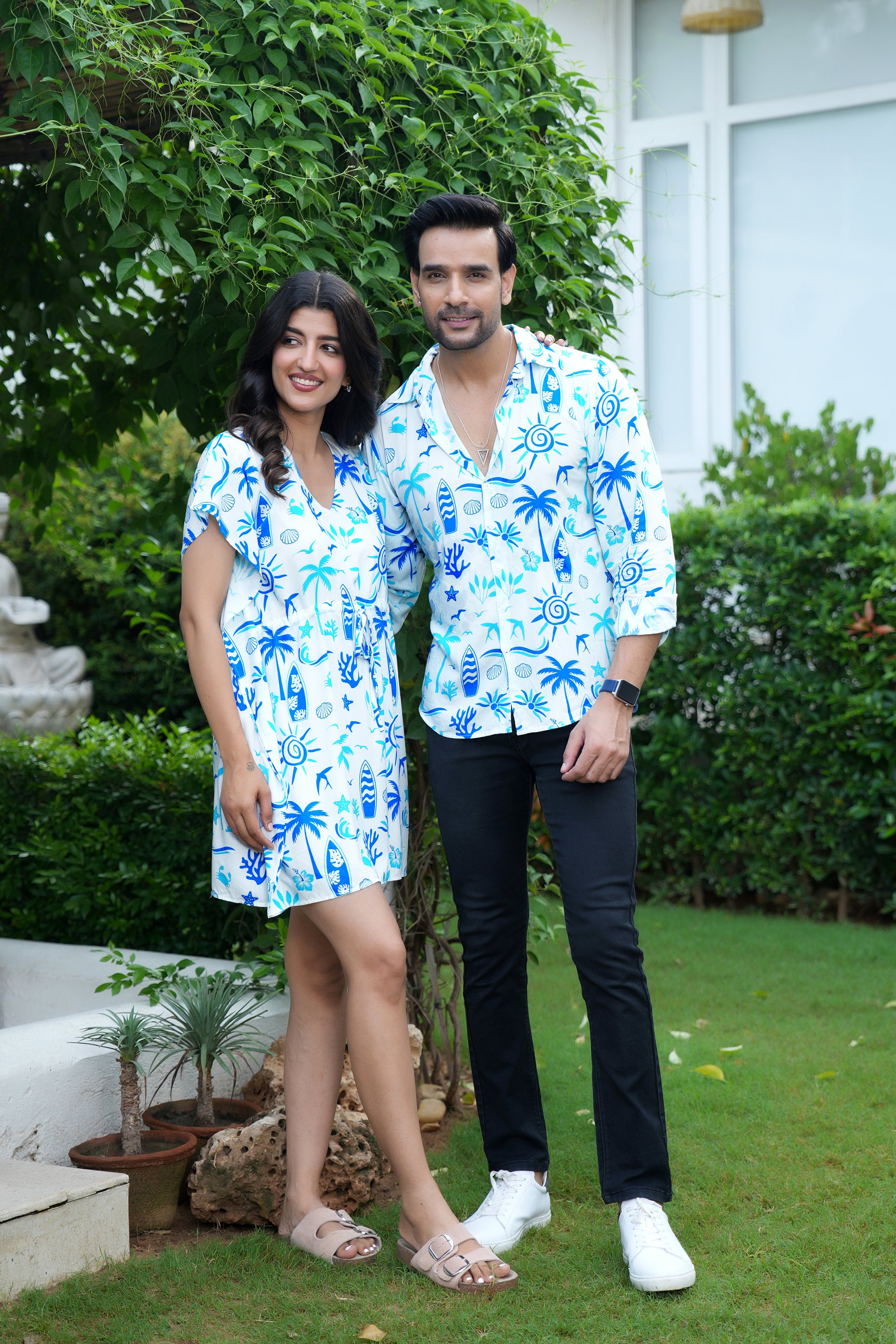 Couple Matching Vacation Outfit – Summer Shirt and Dress Set for Honeymoon Dinner Anniversary and Resort Holiday
