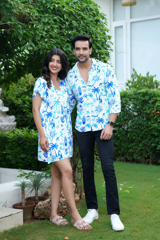 Couple Matching Vacation Outfit – Summer Shirt and Dress Set for Honeymoon Dinner Anniversary and Resort Holiday