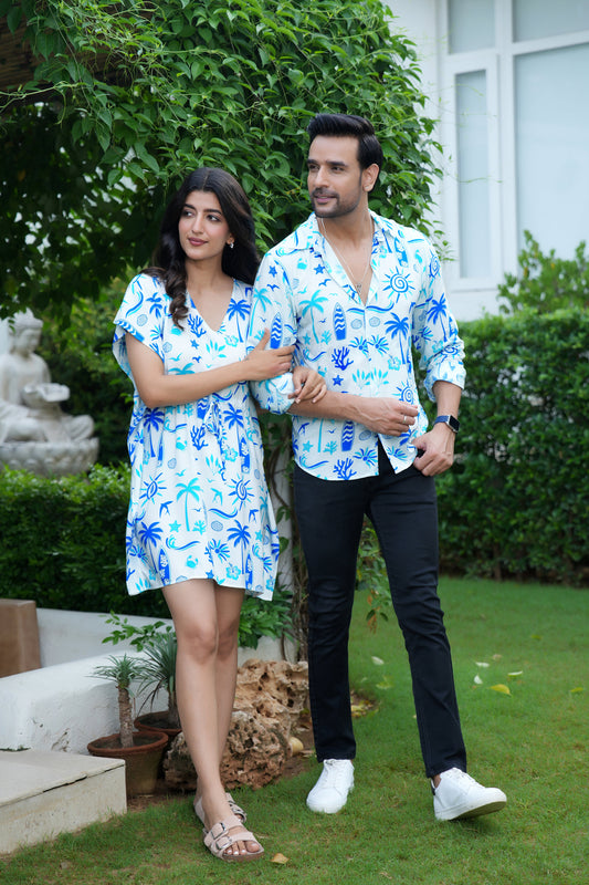 Couple Matching Vacation Outfit – Summer Shirt and Dress Set for Honeymoon Dinner Anniversary and Resort Holiday