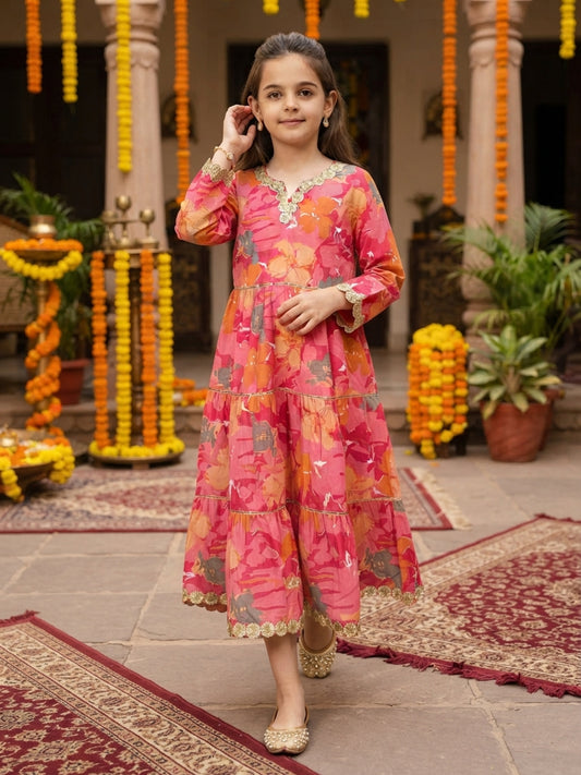Girl’s Cotton A-Line Midi Dress – Ethnic Festive Wear