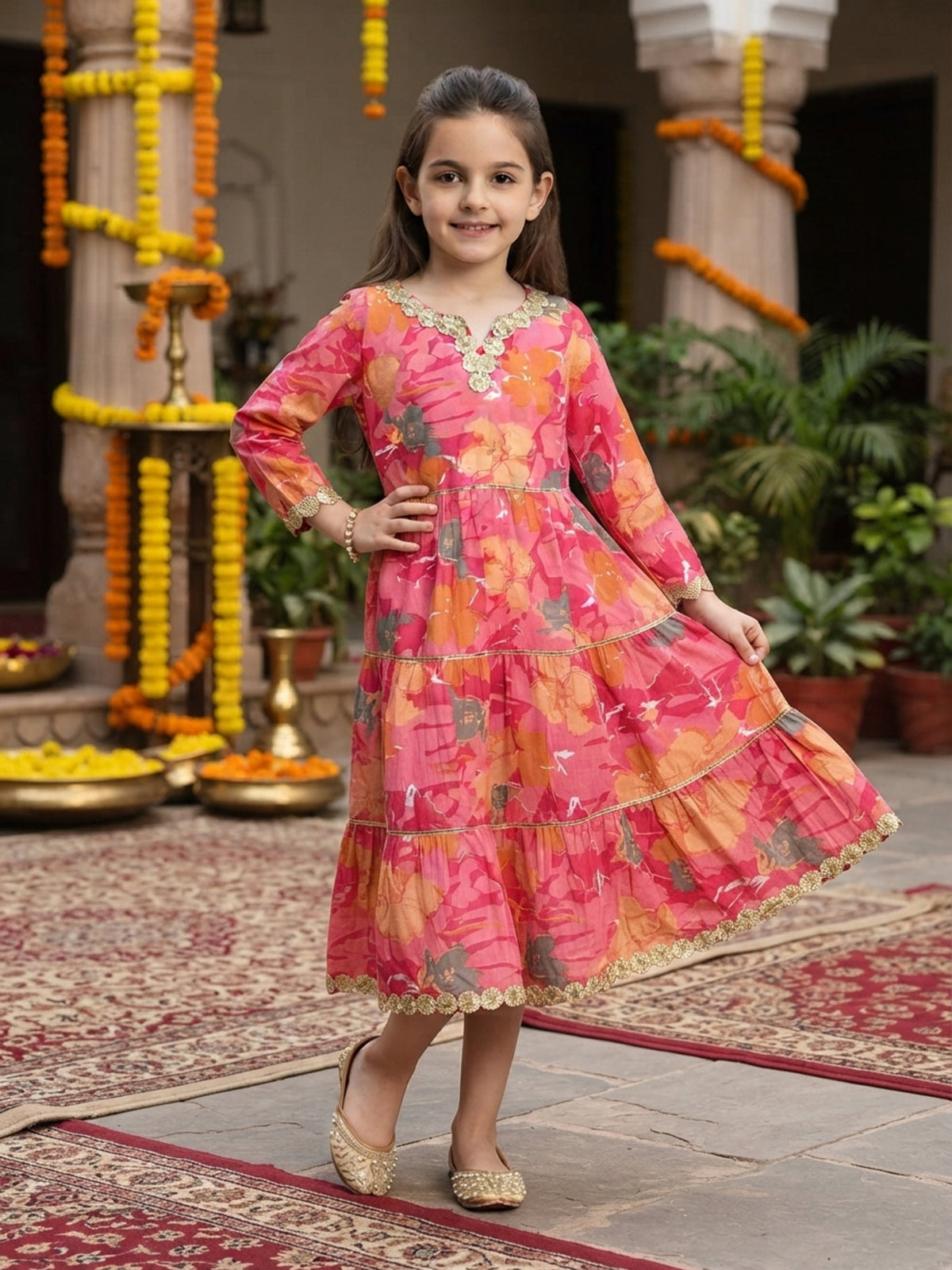 Girl’s Cotton A-Line Midi Dress – Ethnic Festive Wear