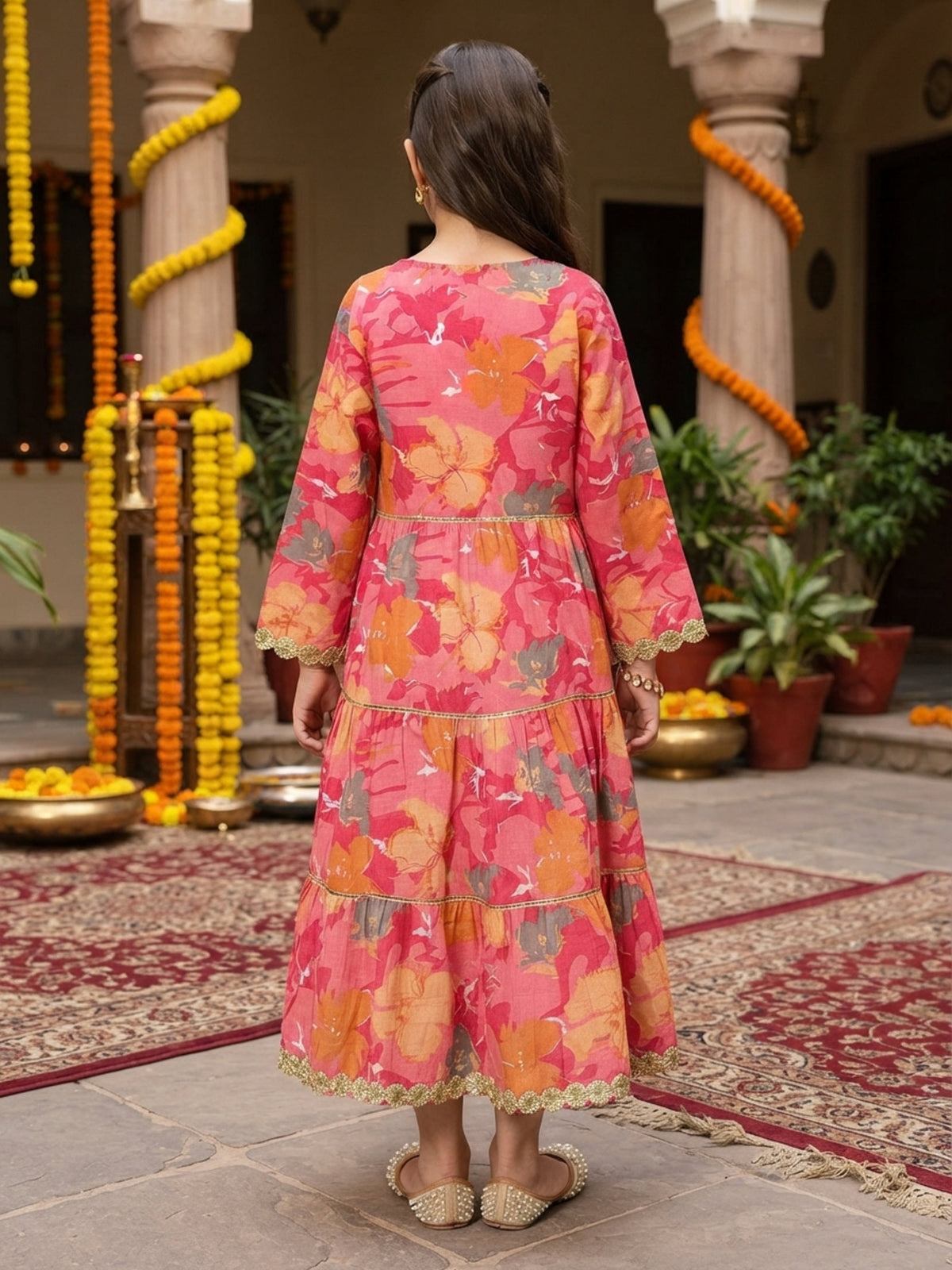 Girl’s Cotton A-Line Midi Dress – Ethnic Festive Wear