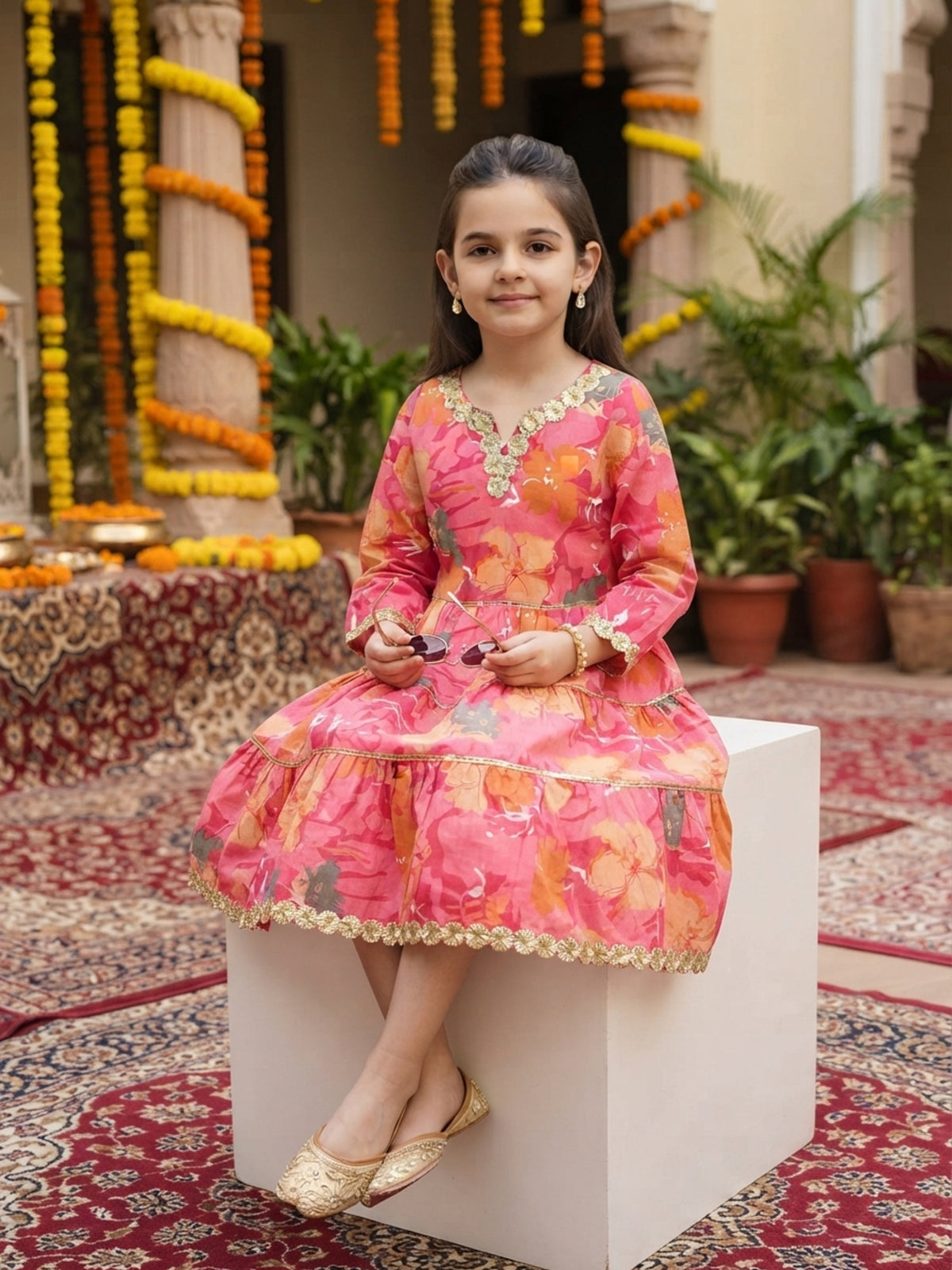Girl’s Cotton A-Line Midi Dress – Ethnic Festive Wear