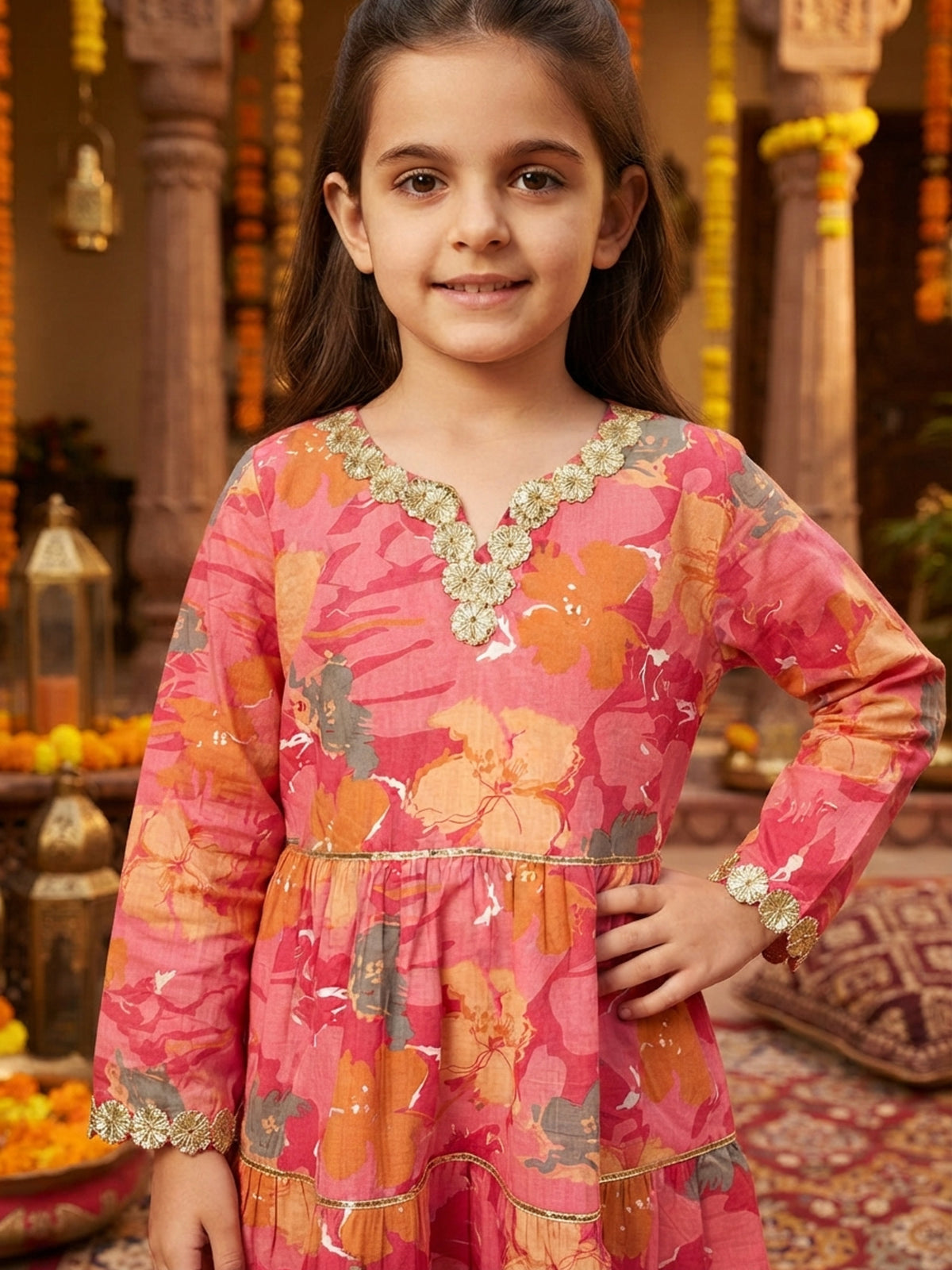 Girl’s Cotton A-Line Midi Dress – Ethnic Festive Wear