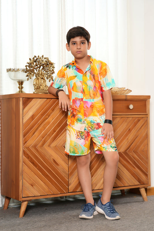 Boy’s Yellow Floral Co-Ord Set – Shirt & Shorts Summer Beach Outfit