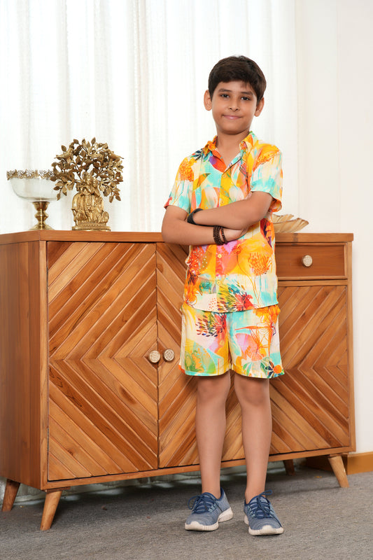 Boy’s Yellow Floral Co-Ord Set – Shirt & Shorts Summer Beach Outfit