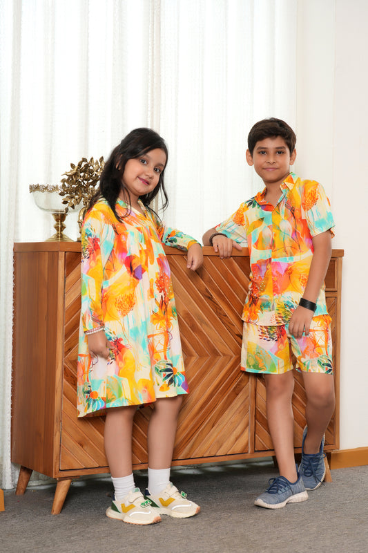 Brother & Sister Matching Yellow Floral Outfit – Resort Vacation Wear