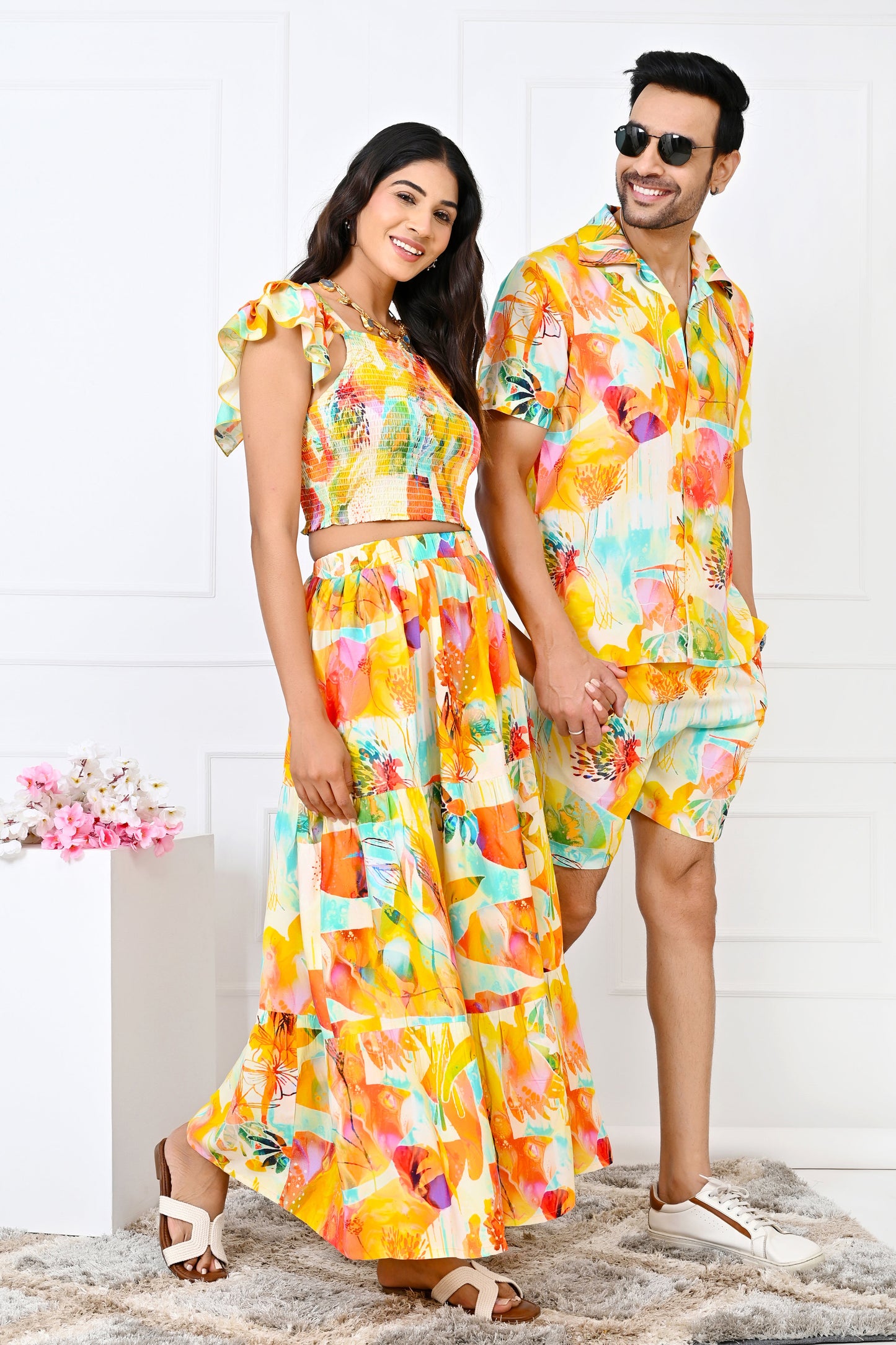 Couple Matching Yellow Floral Set – Co-Ord & Summer Dress Combo