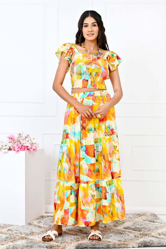 Women’s Yellow Floral Co-Ord Set – Top & Skirt Summer Outfit
