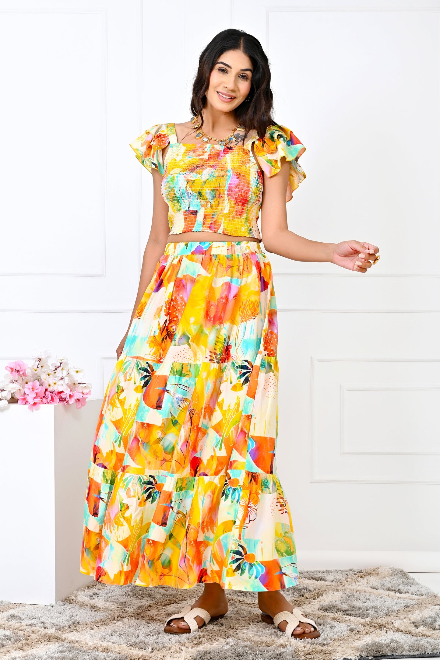 Women’s Yellow Floral Co-Ord Set – Top & Skirt Summer Outfit