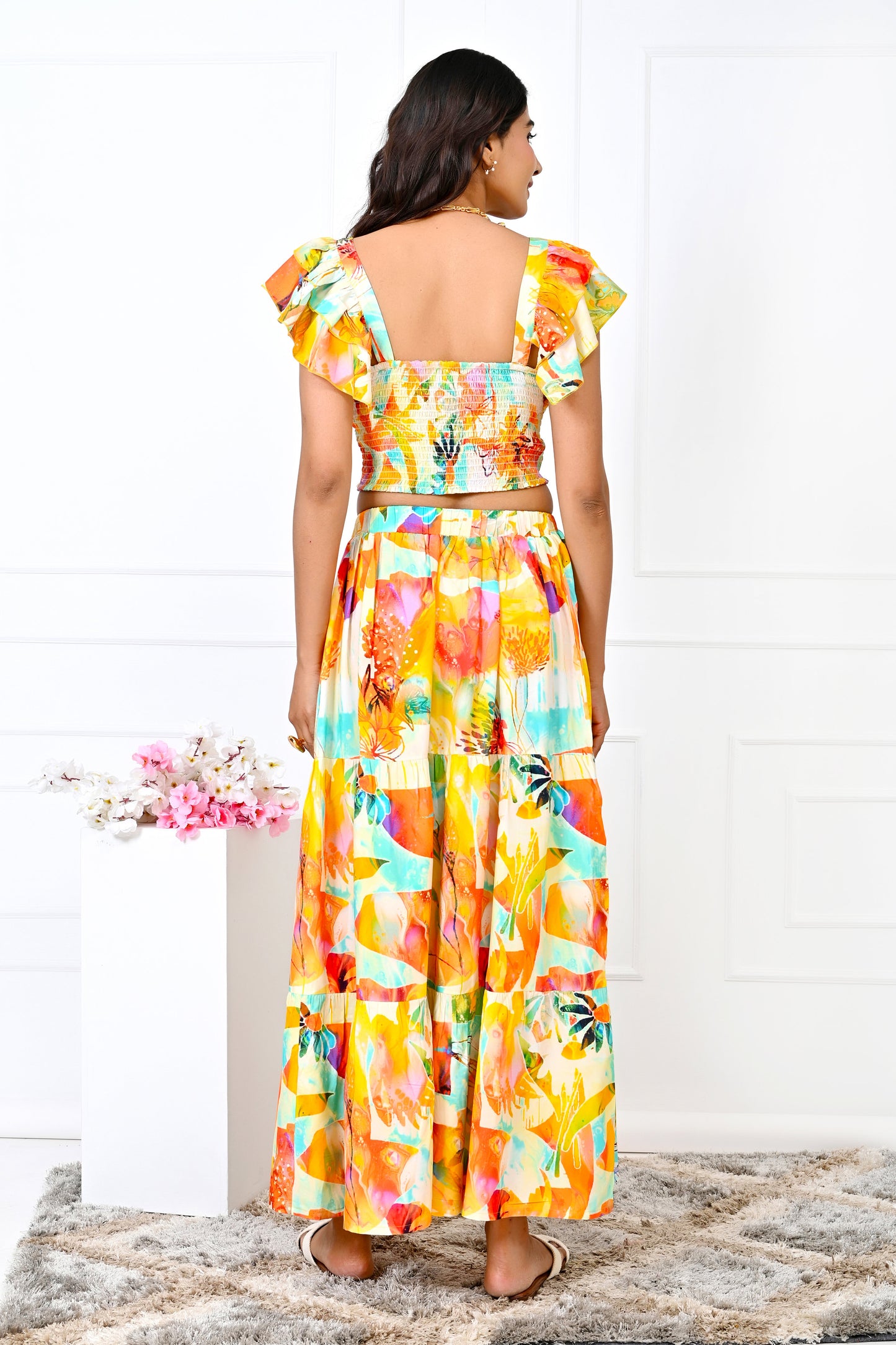 Women’s Yellow Floral Co-Ord Set – Top & Skirt Summer Outfit