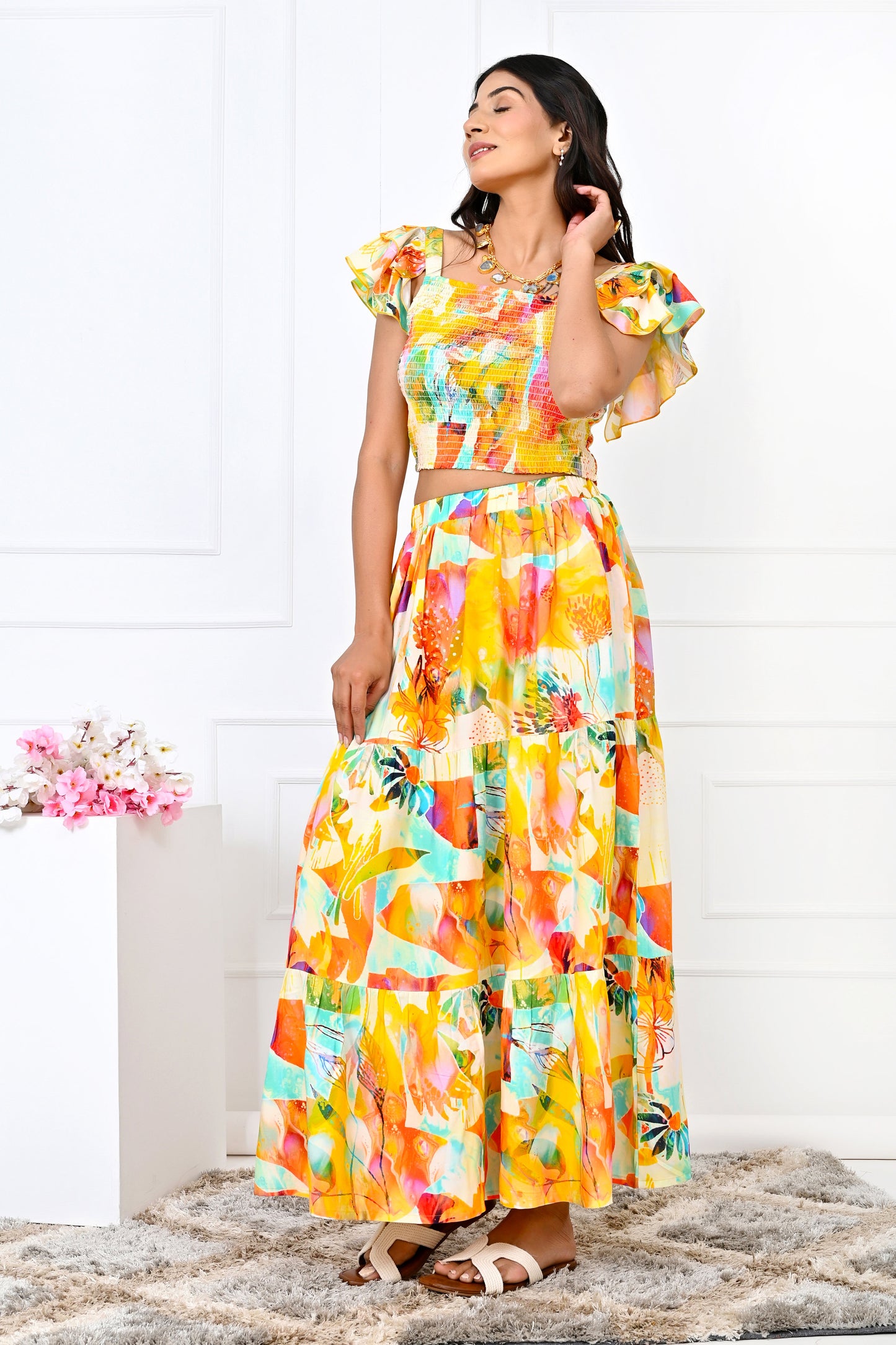 Women’s Yellow Floral Co-Ord Set – Top & Skirt Summer Outfit