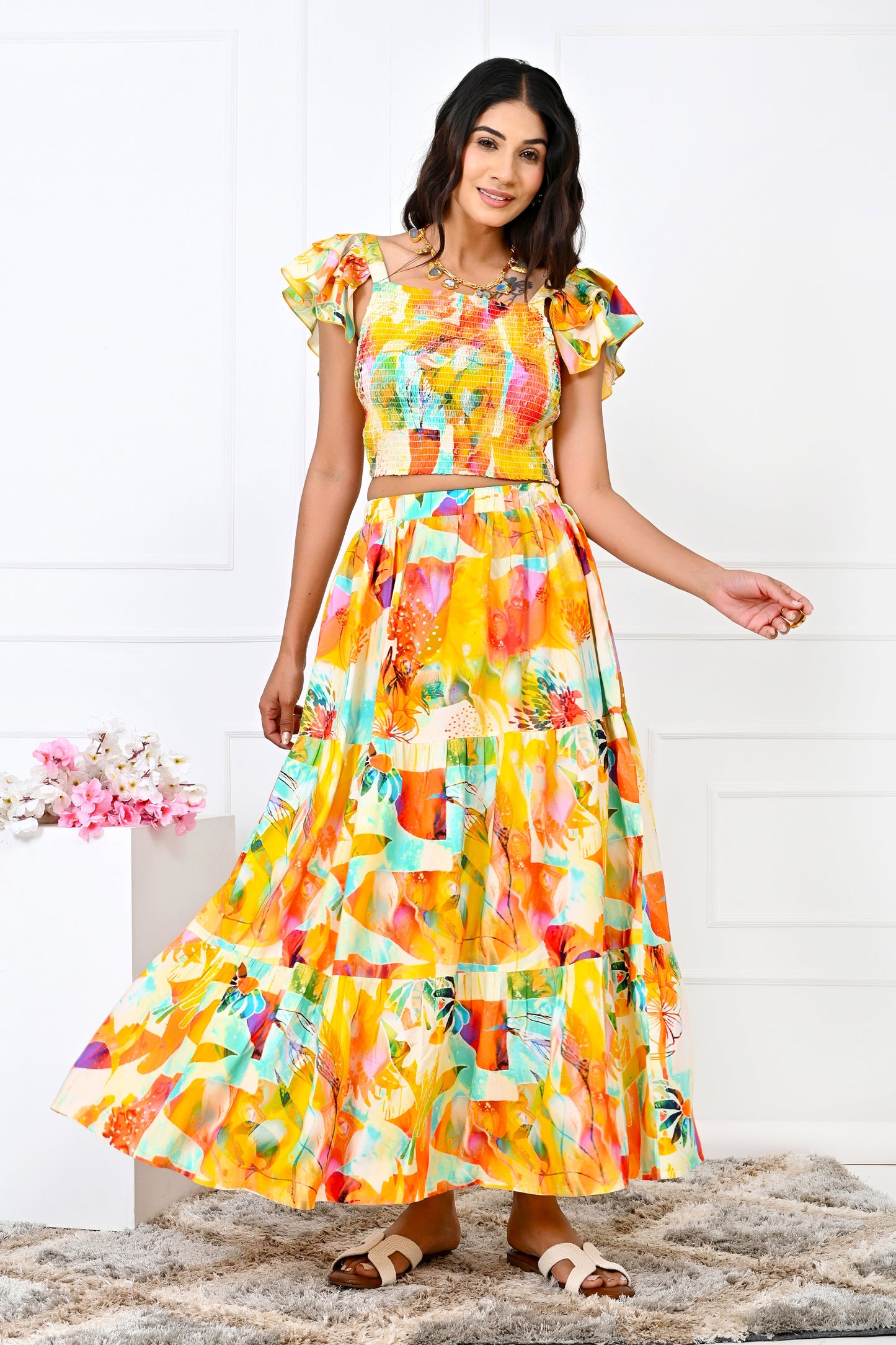 Women’s Yellow Floral Co-Ord Set – Top & Skirt Summer Outfit