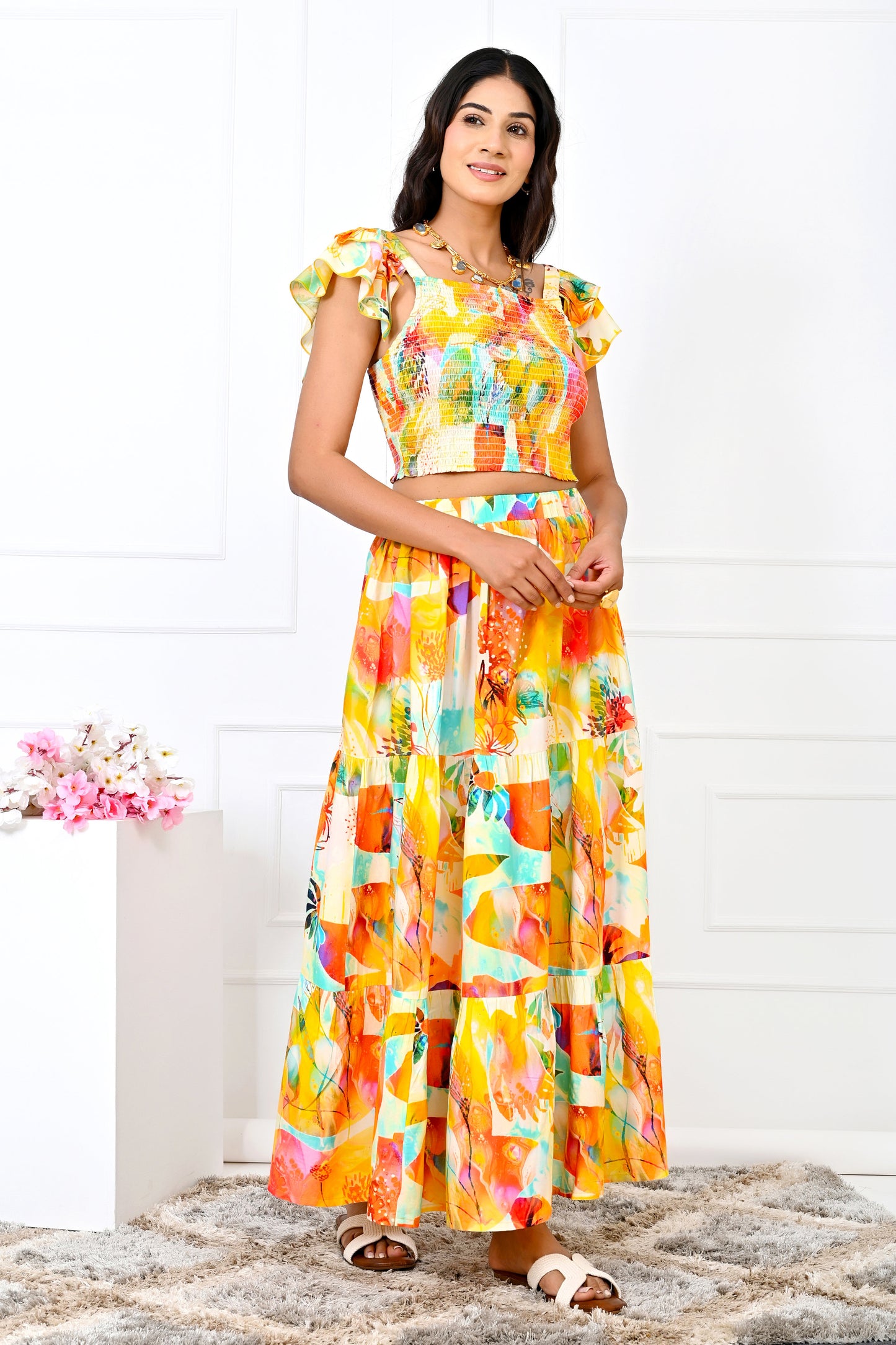Women’s Yellow Floral Co-Ord Set – Top & Skirt Summer Outfit