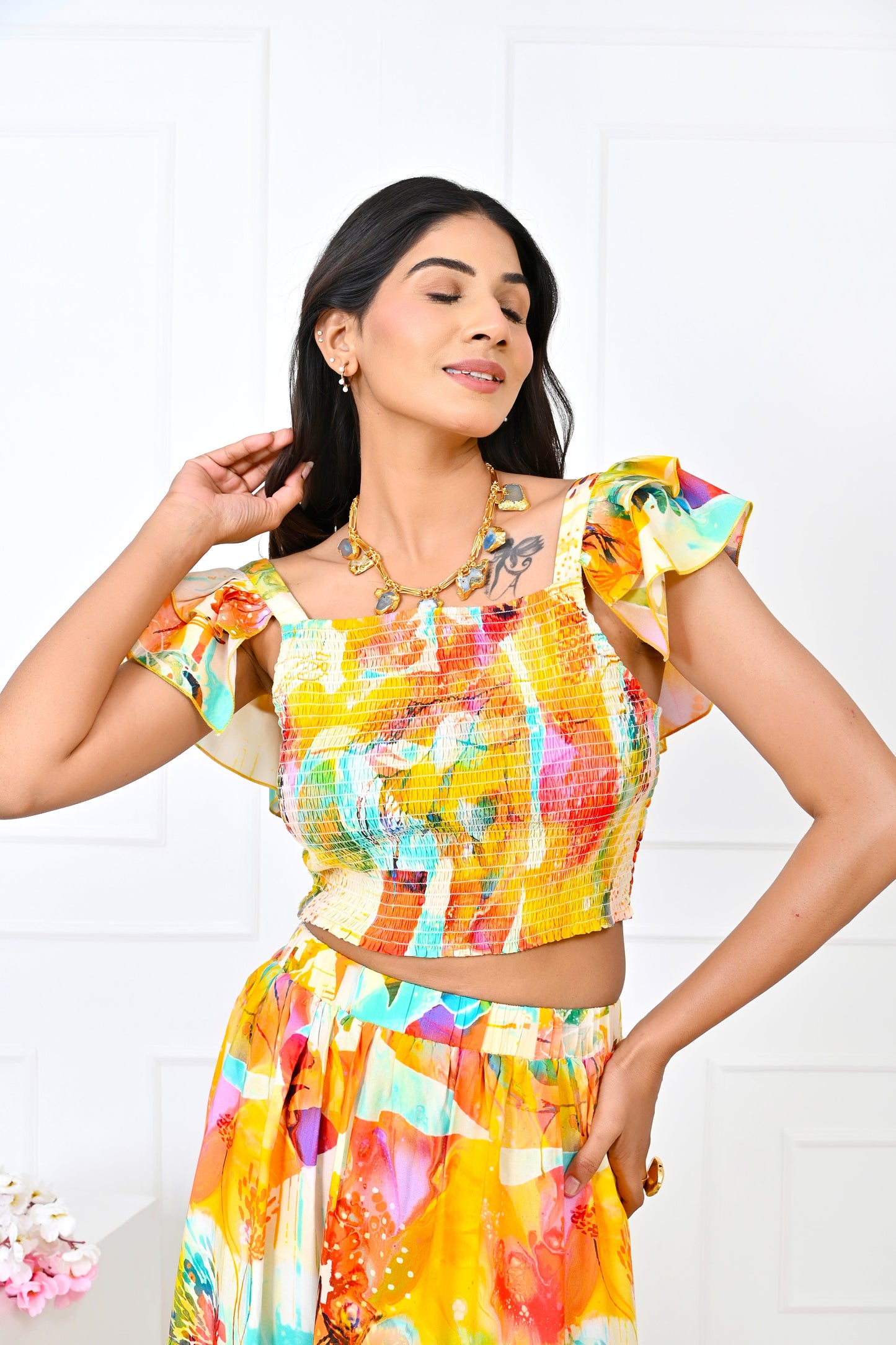 Women’s Yellow Floral Co-Ord Set – Top & Skirt Summer Outfit