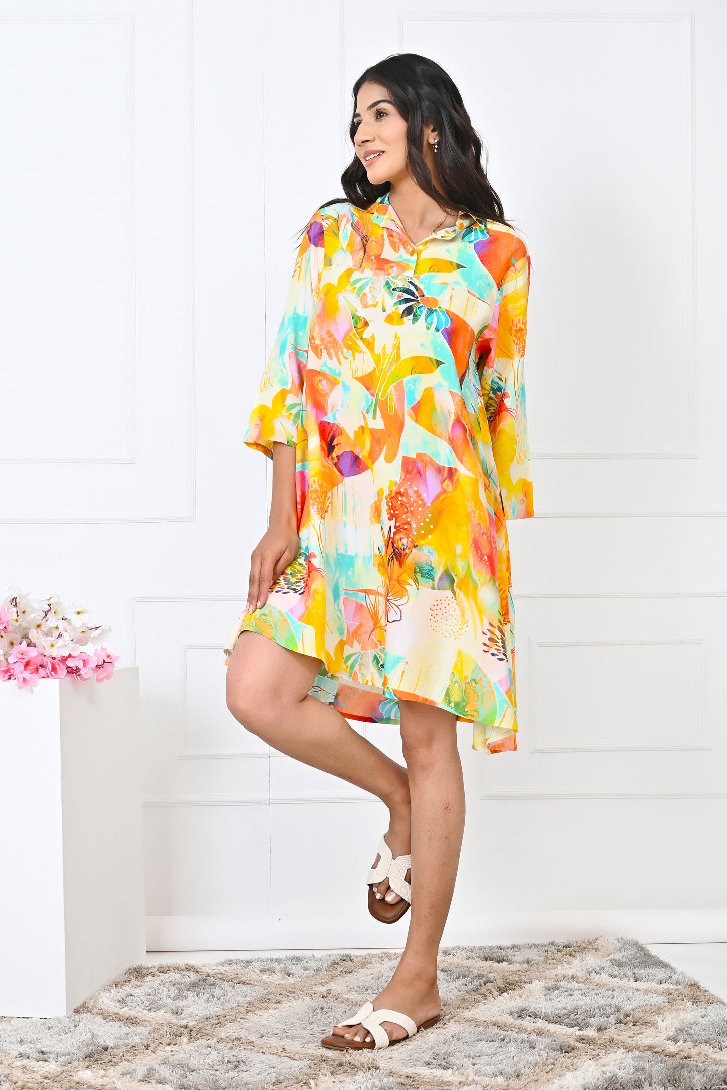 Women’s Yellow Floral Kurta Dress – Elegant Summer Resort Wear