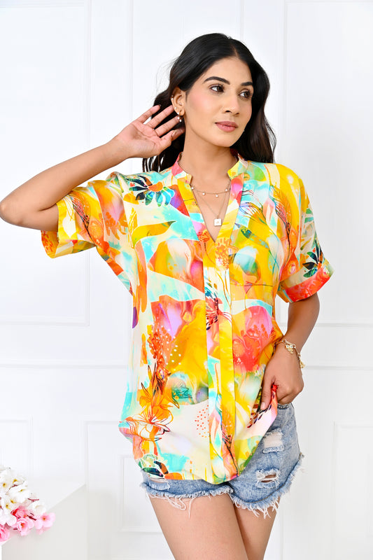 Girl’s Yellow Floral Short Sleeve Blouse – Casual Summer Vacation Top