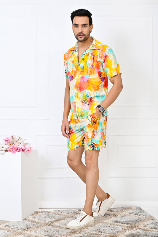 Men’s Yellow Floral Co-Ord Set – Shirt & Shorts Beach Vacation Outfit