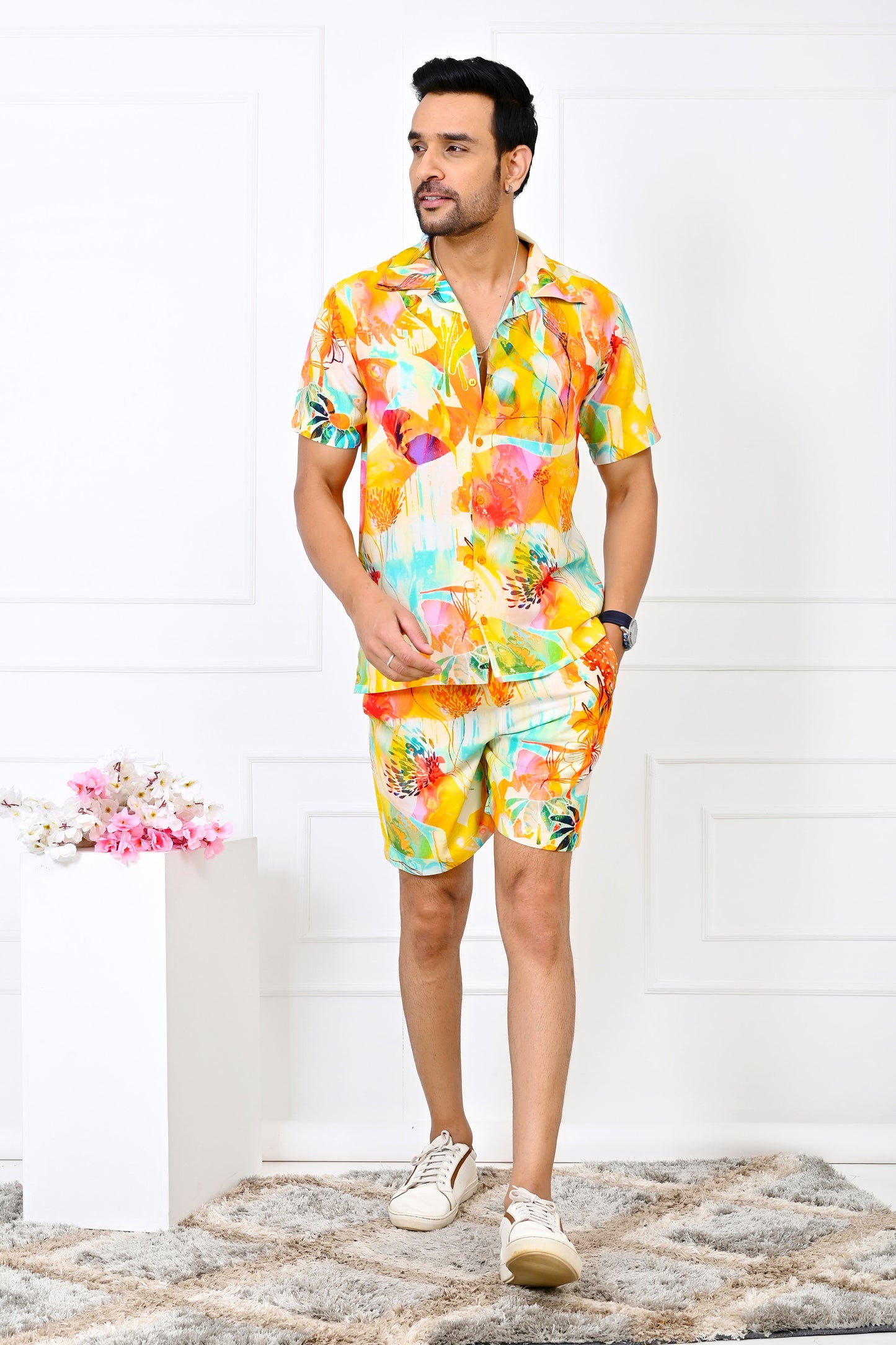 Men’s Yellow Floral Co-Ord Set – Shirt & Shorts Beach Vacation Outfit