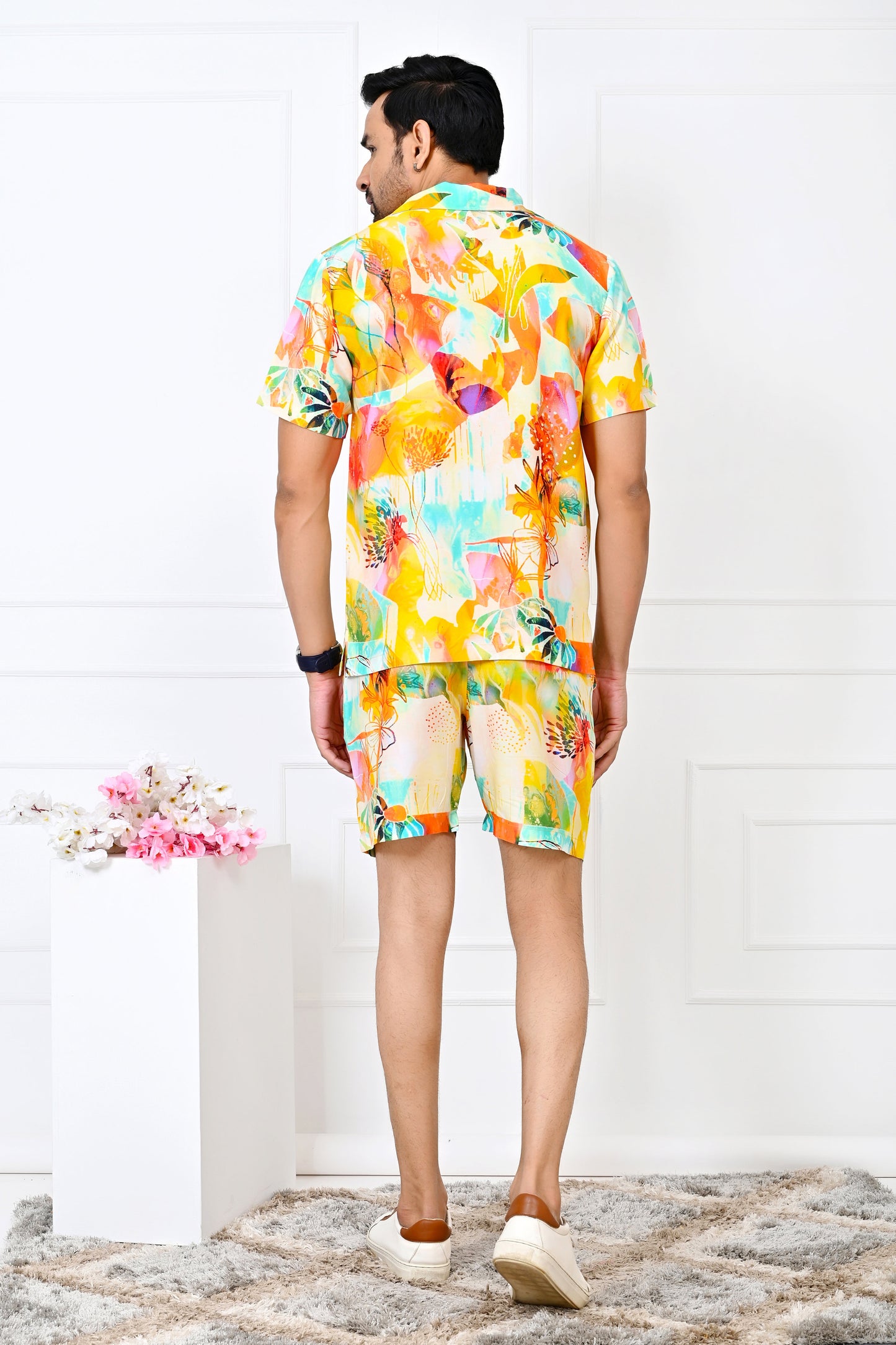 Men’s Yellow Floral Co-Ord Set – Shirt & Shorts Beach Vacation Outfit