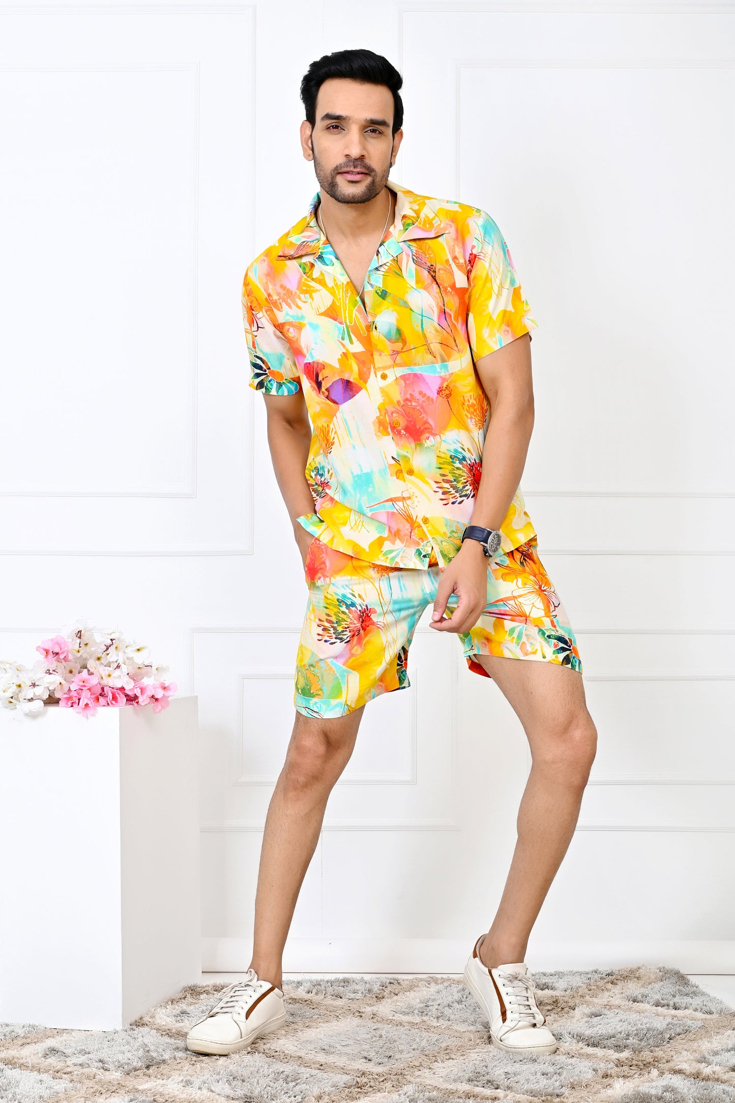 Men’s Yellow Floral Co-Ord Set – Shirt & Shorts Beach Vacation Outfit