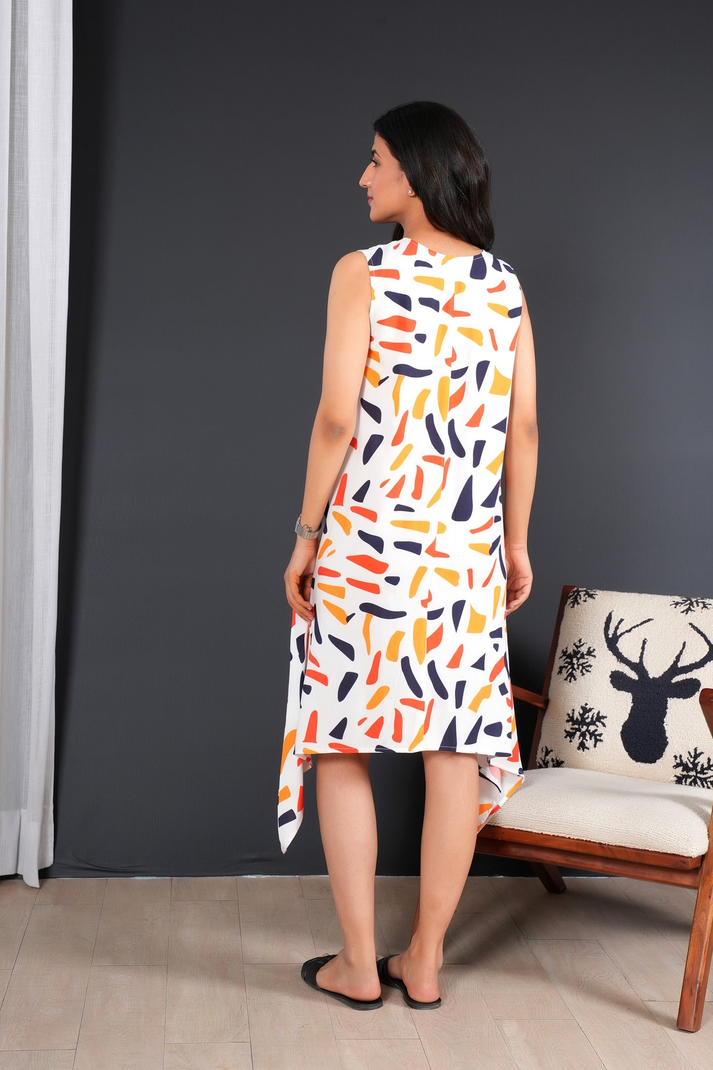 Sleeveless Midi A-Line Dress for Women – Tropical Print Resort Wear