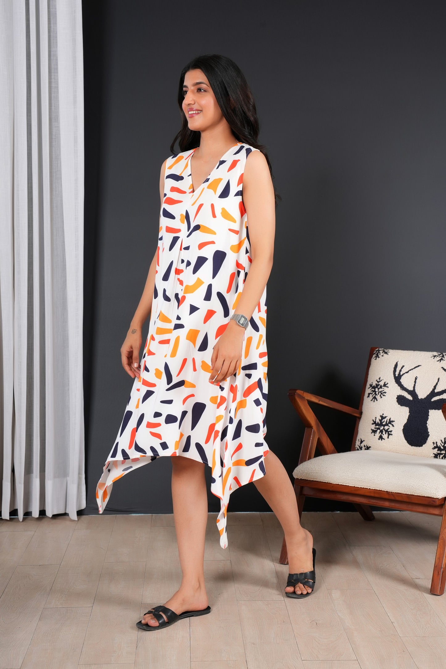 Sleeveless Midi A-Line Dress for Women – Tropical Print Resort Wear