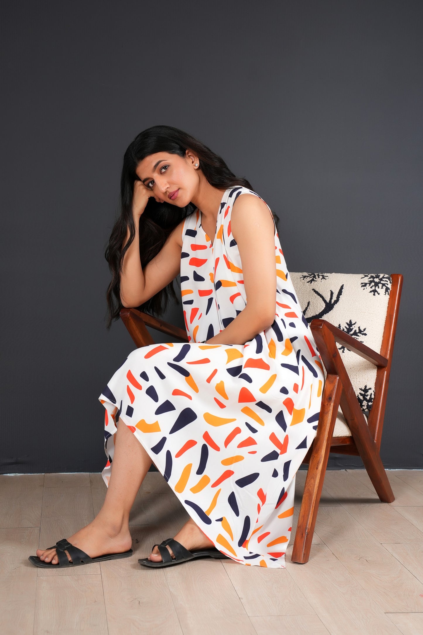 Sleeveless Midi A-Line Dress for Women – Tropical Print Resort Wear