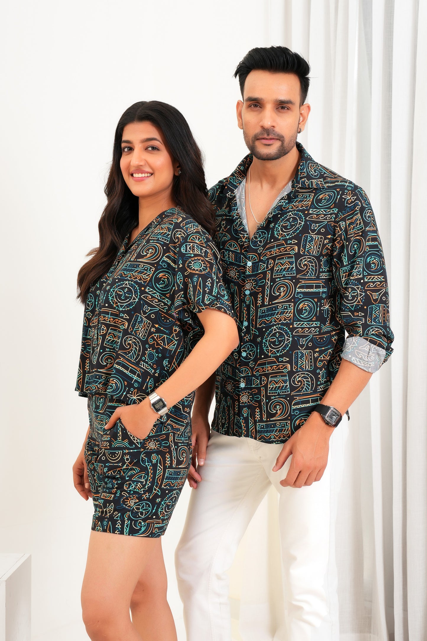Couple Matching Shirt & Co-Ord Set – Vacation Print Combo