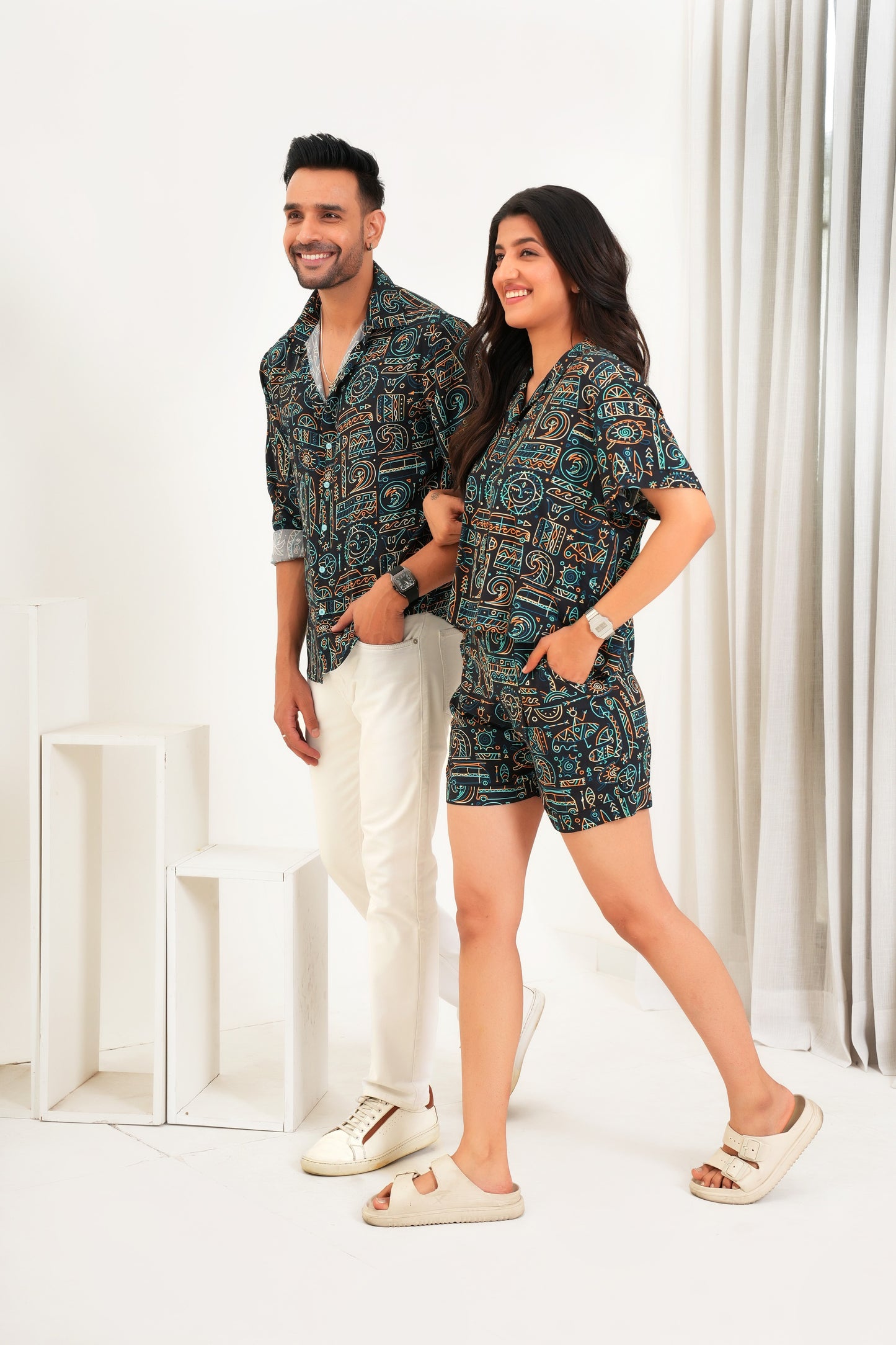 Couple Matching Shirt & Co-Ord Set – Vacation Print Combo