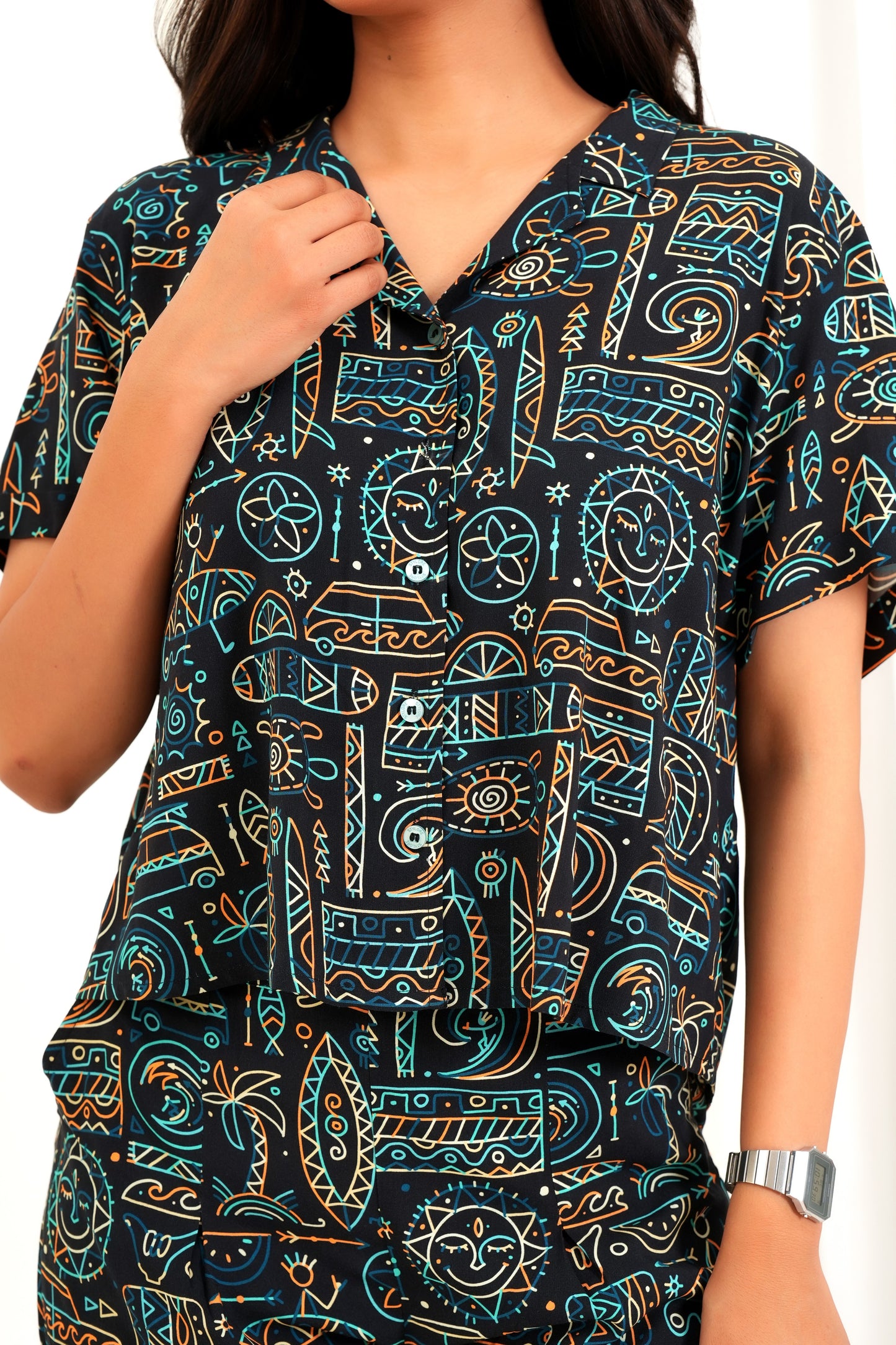 Women’s Matching Shirt Short Co-Ord Set – Printed, Resort Casual