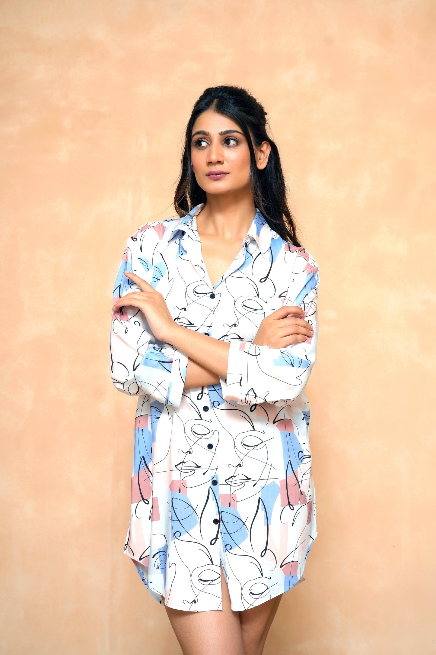 Long Full Sleeve Shirt Dress for Women – Elegant Tropical Cover-Up