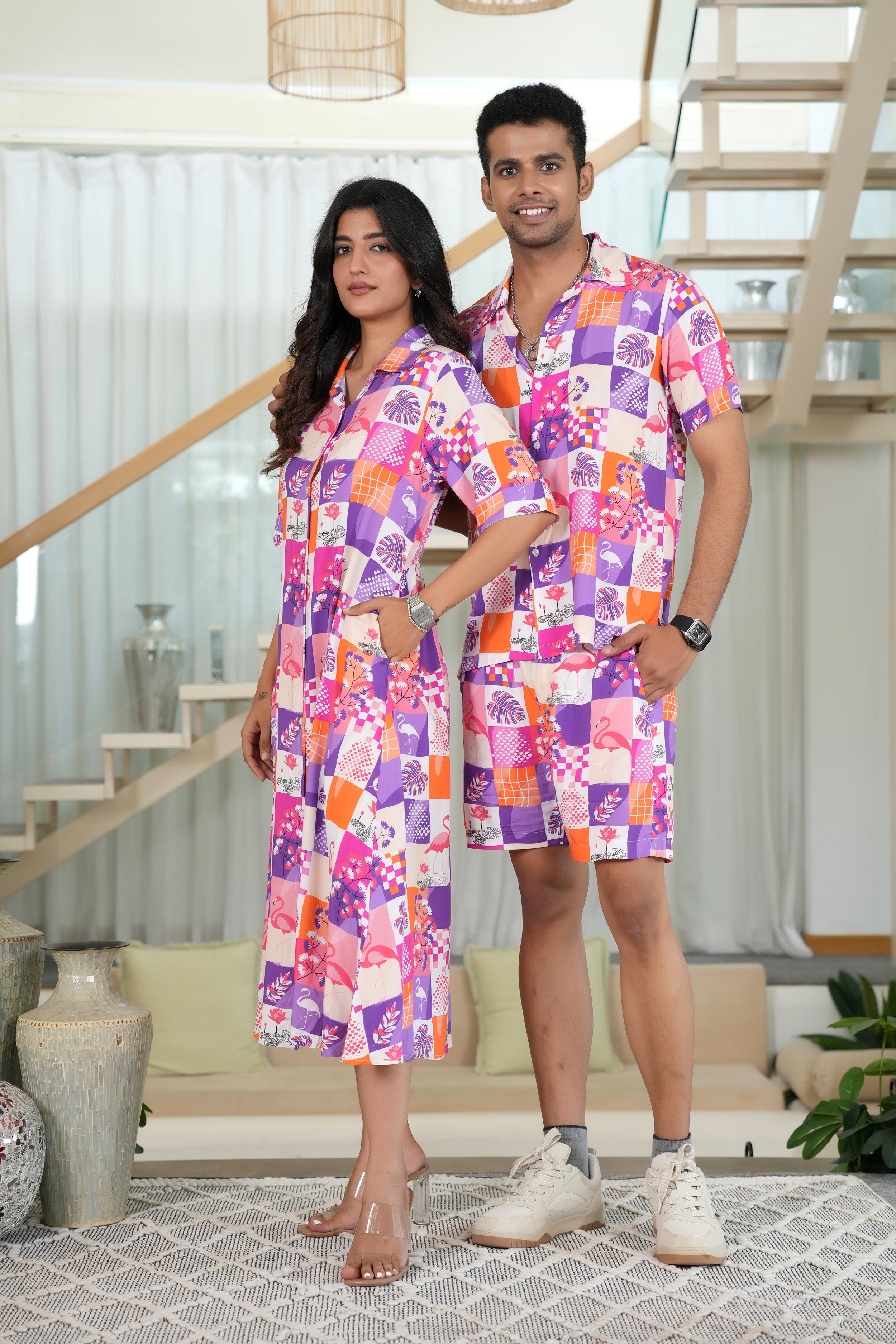 Couple Co-Ord Set – Flamingo Print Shirt & Dress Combo for Beach Holidays