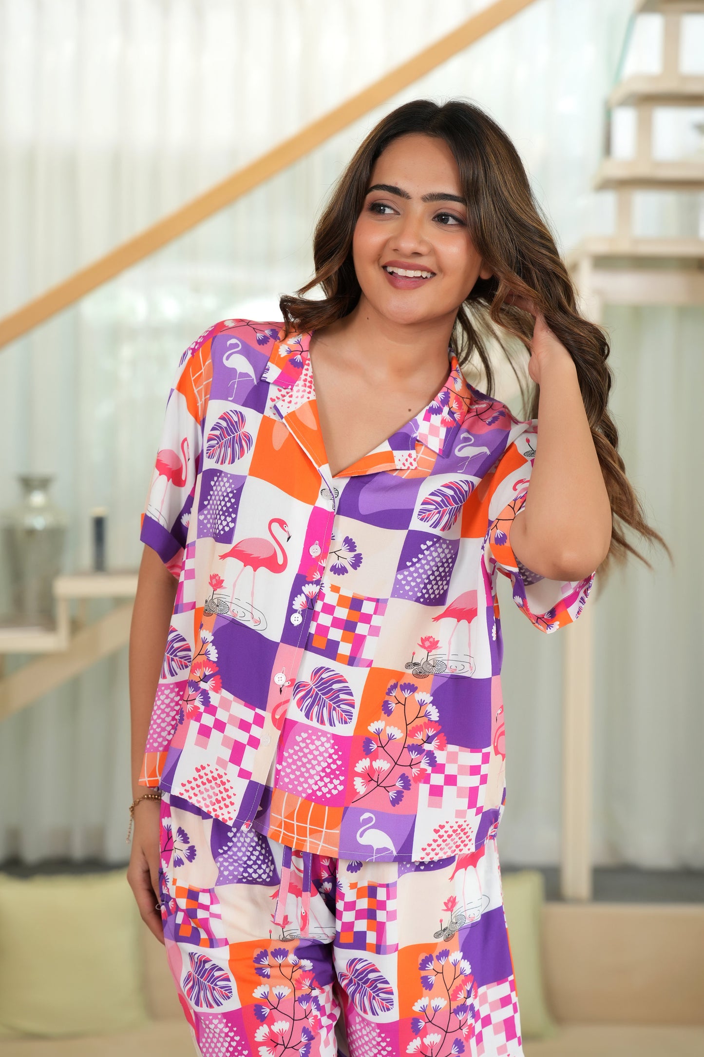 Women’s Flamingo Print Co-Ord Set – Tropical Shirt & Shorts Resort Wear