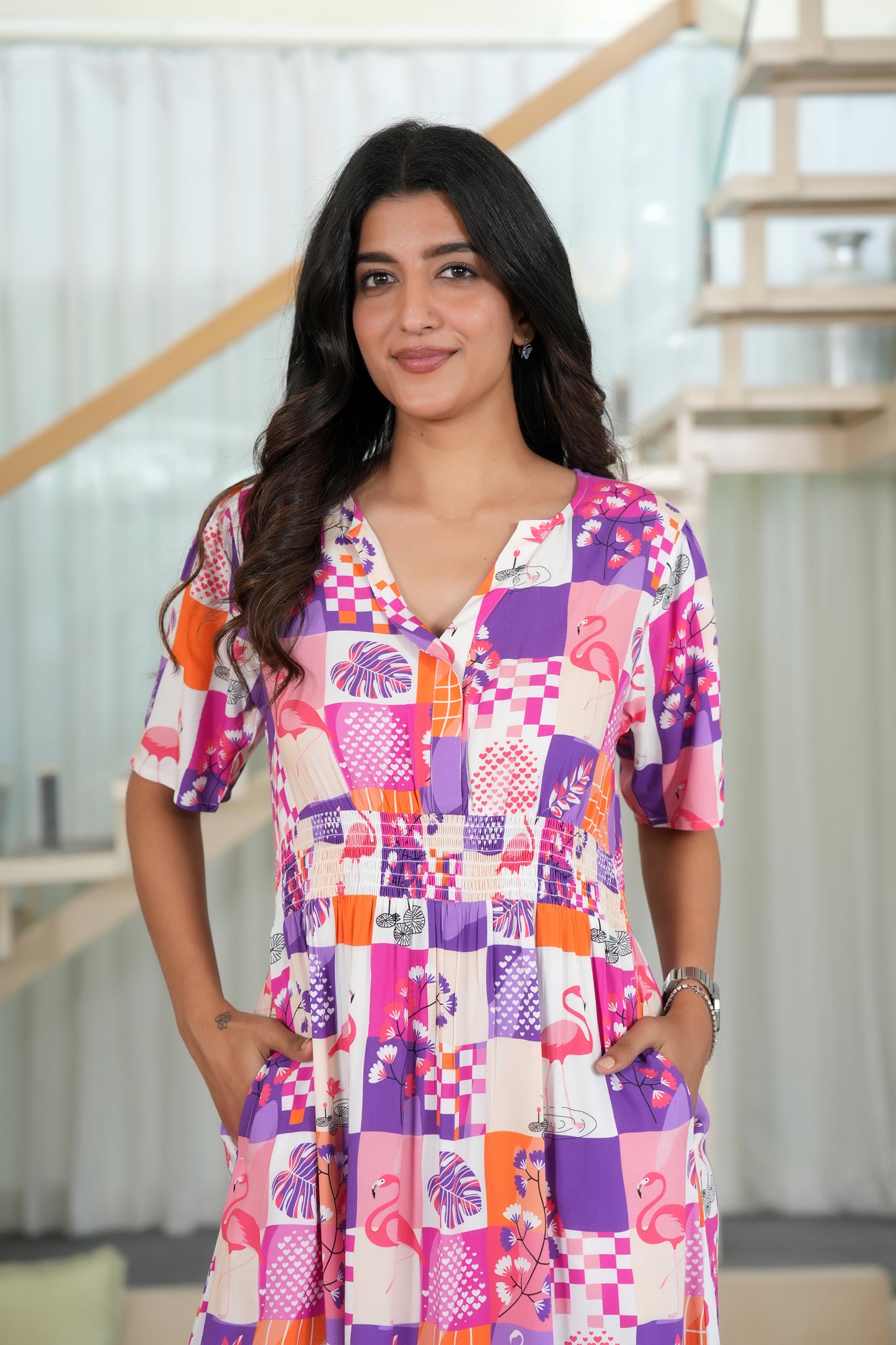 Women’s Flamingo Midi Dress – Printed Summer Vacation Dress