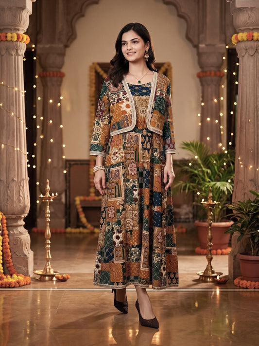 Women’s Printed Maxi Dress with Jacket – Cotton Ethnic Wear