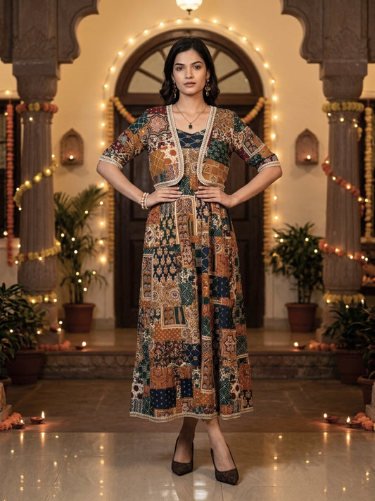 Women’s Printed Maxi Dress with Jacket – Cotton Ethnic Wear
